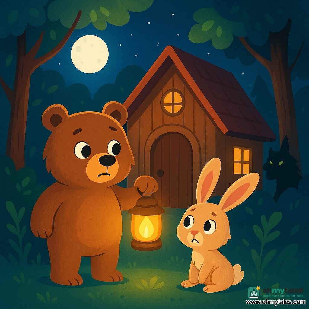 A brown bear named Bram, with soft fur and round, curious eyes, stands in front of his small wooden house, looking both attentive and a bit worried. He holds a golden lamp that warmly shines in the night. Next to him, a small rabbit named Willow, with long, silky ears, looks around with wide eyes, her face showing slight fear but also determination. The setting is an enchanted forest, with majestic trees and green leaves dancing in the wind, while the moon casts its silver light on the path. The scene takes place at dusk, as mysterious shadows loom between the trees. Bram and Willow stand by the door of the house, ready to face the unknown, while a dark silhouette of the big bad wolf lurks in the background, its bright green eyes watching the golden light of the lamp.