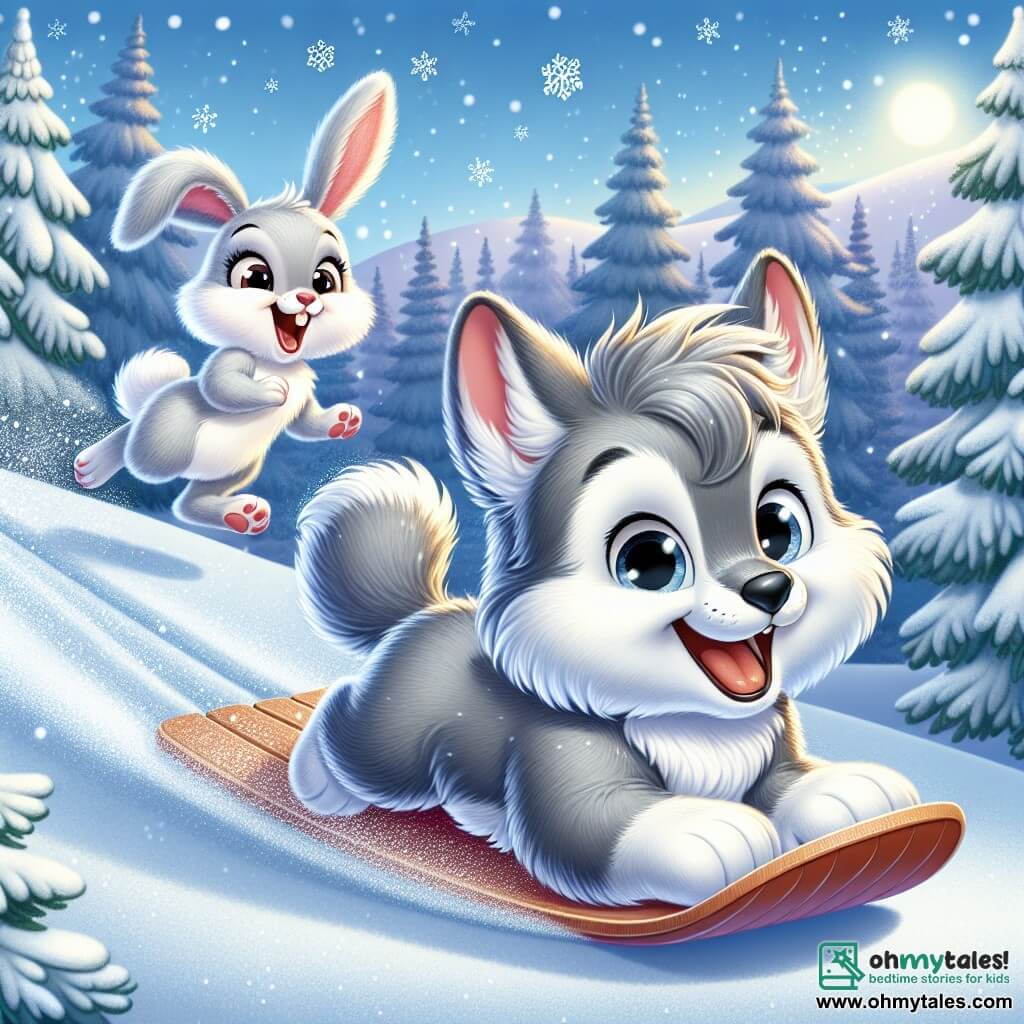 A little wolf named Whisker, with fluffy gray fur and curious bright eyes, joyfully slides down a snowy hill, his face beaming with excitement and happiness. Nearby, a small rabbit named Nibbles, with large ears and bright white fur, hops with joy, his eyes sparkling with amusement as he encourages Whisker to slide again. The setting is a magical winter forest, with majestic trees covered in glittering snow, snowflakes gently falling from the clear blue sky, and a ground blanketed in thick, pristine snow. The main scene shows Whisker, with a big smile, launching down the snowy slope, creating a cloud of snow behind him, while Nibbles enthusiastically cheers, capturing the joyful spirit of winter and shared adventures.