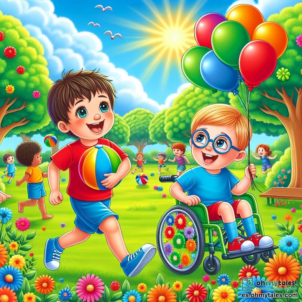 Un niño de 4 años, Lucas, con cabello castaño desordenado y ojos brillantes de alegría, juega en un parque soleado. Lleva una camiseta roja y un pantalón corto azul, y sonríe ampliamente mientras lanza una pequeña pelota colorida. A su lado está Tomás, un niño de 4 años también, sentado en una bonita silla de ruedas decorada con globos coloridos. Tomás tiene cabello rubio y gafas redondas, y ríe animando a Lucas a correr más rápido. El parque está lleno de vegetación, con árboles majestuosos, flores multicolores y un cielo azul brillante. La escena principal muestra a Lucas y Tomás divirtiéndose juntos, ilustrando su hermosa amistad, mientras Lucas lanza la pelota y Tomás la sigue con su silla de ruedas, ambos radiantes de felicidad.