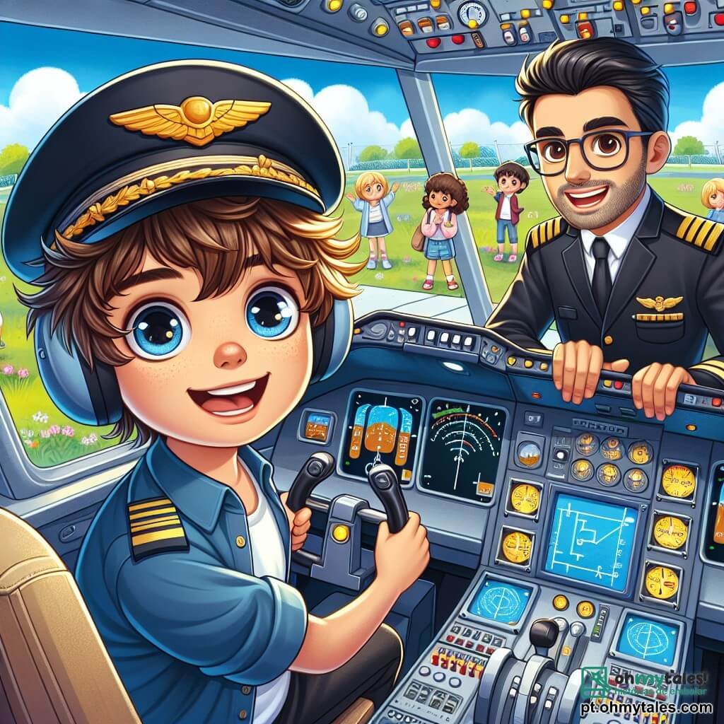 Um jovem chamado Pedro, com cerca de 12 anos, está dentro de um cockpit de avião, com os olhos brilhando de excitação e um grande sorriso no rosto. Ele tem cabelos castanhos bagunçados, usa um boné de piloto e uma camisa azul com ombreiras douradas. Pedro está concentrado nos comandos do avião, pronto para decolar. Ao lado dele, um instrutor de voo, um homem de cerca de 30 anos com óculos e barba bem cuidada, dá conselhos com um ar encorajador. Ele veste uma jaqueta de piloto e um crachá no peito. Ao fundo, crianças do parque, incluindo uma menina chamada Sofia, de 10 anos, observam maravilhadas pela janela do cockpit, com cabelos loiros ao vento. O local é um cockpit de avião moderno, com painéis de controle coloridos, telas brilhantes e botões piscando. Do lado de fora, vê-se um céu azul com nuvens brancas e uma paisagem verdejante se estendendo até onde a vista alcança. A cena principal mostra Pedro, pronto para seu primeiro voo solo, com uma expressão de determinação e alegria, enquanto o instrutor lhe dá instruções e as crianças admiram a cena com rostos maravilhados.