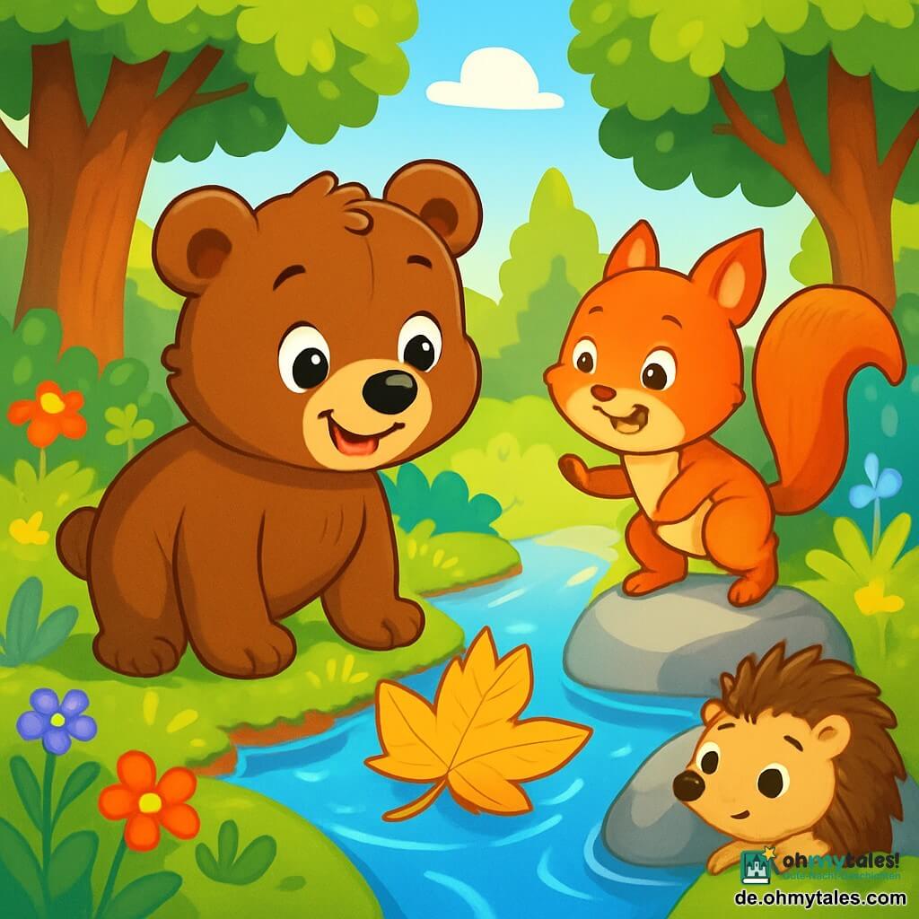 Ein kleiner brauner Bär namens Bruno mit weichem, seidig glänzendem Fell steht am Ufer eines glitzernden Baches, seine Augen leuchten vor Aufregung und Neugier. Er schaut auf ein wunderschönes goldenes Laub, das auf dem Wasser schwimmt, sein breites Lächeln zeigt sein Staunen. Neben ihm springt ein kleiner frecher Eichhörnchen namens Lilli mit ihrem strahlend roten Fell und buschigem Schwanz fröhlich auf einem Stein, ihre Augen funkeln vor Freude. Ein kleiner Igel namens Max mit braunen Stacheln und schüchternem Blick versteckt sich hinter einem großen Stein und beobachtet die Szene bewundernd. Der Ort ist ein grüner Wald, durchflutet von goldenem Licht, mit majestätischen Bäumen, üppigem Laub und bunten Blumen am Bachufer. Die Hauptsituation zeigt Bruno, Lilli und Max, die gemeinsam ein wertvolles leuchtendes Laub entdecken, Symbol ihrer Abenteuer und Freundschaft.