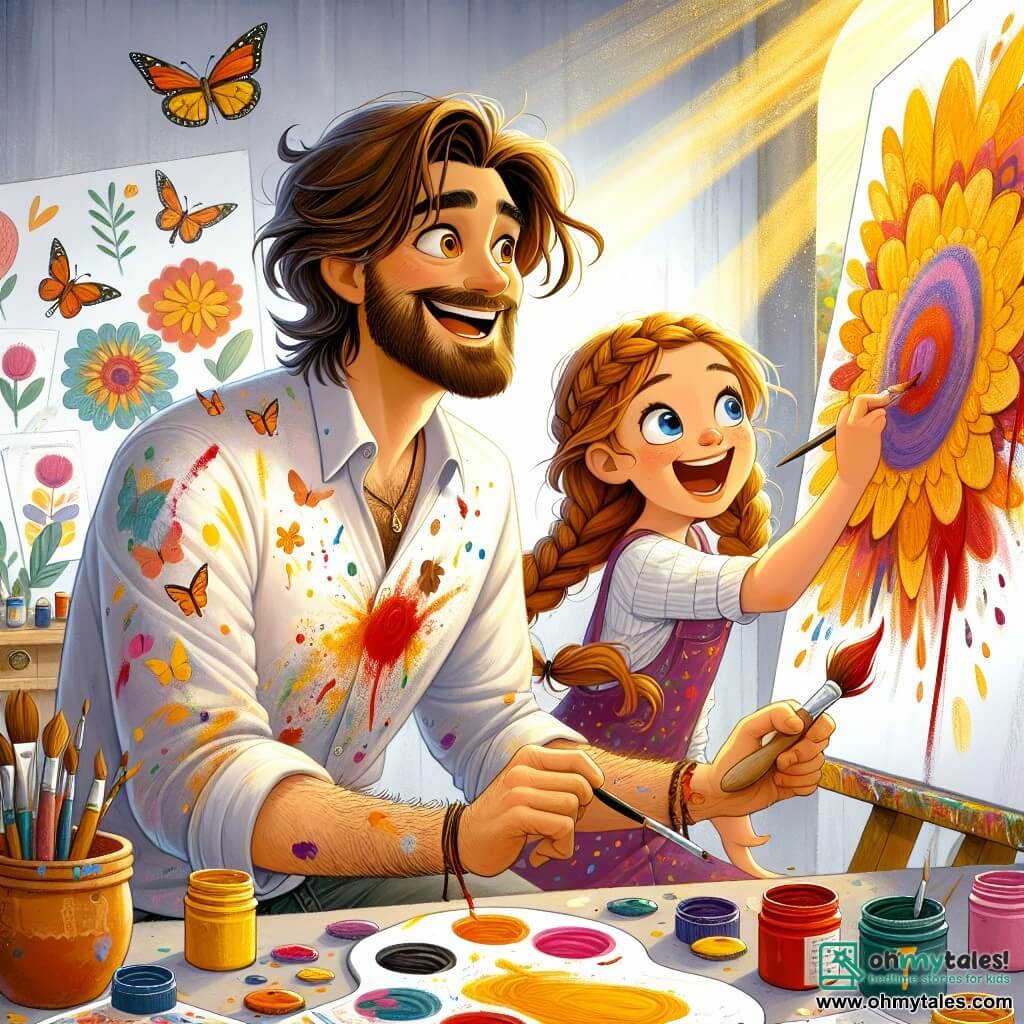 A man, Leo, is a passionate artist in his thirties, with messy brown hair and a light beard. He wears a colorful shirt splattered with paint and has a big smile, his eyes sparkling with excitement as he paints a vibrant mural of flowers and butterflies on a large white wall. Next to him, a young girl, Emma, about 8 years old with braided blonde hair and bright eyes, is enthusiastically painting, holding a brush in one hand and a pot of red paint in the other. Their studio is a magical place, filled with colorful canvases, scattered paint pots, and brushes of all sizes, with golden light filtering through a large window, illuminating the scene. The main situation shows Leo and Emma in the midst of creation, laughing and sharing ideas as they add finishing touches to their mural, symbolizing their friendship and shared passion for art.