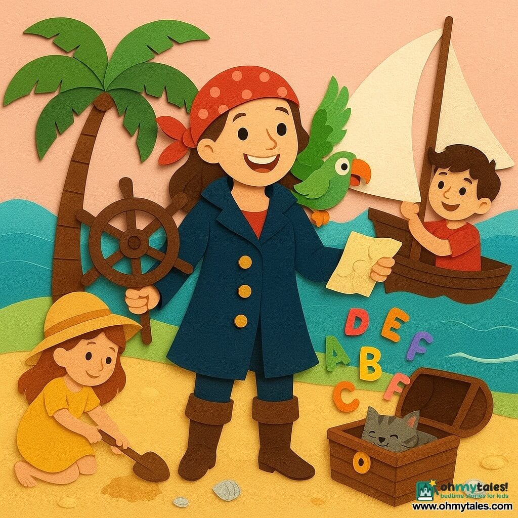 The main character is a joyful, courageous pirate woman with a wide smile and bright eyes, wearing a navy coat with gold buttons, a red polka-dot scarf and leather boots, holding the ship’s wheel in one hand and a crumpled map in the other; Squeaky, a small mischievous bright-green parrot, perches on her right shoulder flapping toward the treasure; Tilly, a 9-year-old girl in a round hat and yellow dress, digs with a wooden shovel in the sand to the pirate’s left near a large palm; Max, an 11-year-old boy with oversized boots, laughs as he helps raise a white sail on a boat in the background; Bubble, a small grey tabby cat, purrs curled in a wooden crate on the deck near the pirate’s feet; location: a small round island with golden sand, a tall vivid-green palm, silver shells, turquoise sea with gentle waves and a pale pink sky; main scene: they have just opened a smiling round chest on the beach that reveals colorful letters floating like butterflies, in bright warm light with paper-cut textures and strong contrasts.