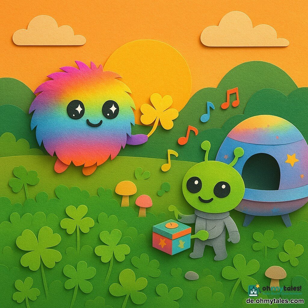 Fluffi, Hauptfigur: kleines rundes, flauschiges außerirdisches Wesen in Regenbogenfarben, sternenhelle Augen und warmes Lächeln, schwebt leicht über der Wiese und hält ein goldenes vierblättriges Kleeblatt; Zappy, Nebenfigur: kleiner grüner Alien mit zwei welligen Antennen und silbernem Anzug, schelmisches Lächeln, zieht aus einem mini-runden Schiff hinter ihm eine bunte Spieluhr; Die Wiese: weites Feld heller grüner Kleeblätter, geschichtete weiche Gräser, zentrale Lichtung umgeben von pastellrunden Pilzen und funkelnden Steinen; Das Schiff: kleines rundes irisierendes Schiff mit offener Tür und Sternmotiven rechts in der Szene; Stimmung: freudiger Sonnenuntergang, goldenes Licht lässt das Kleeblatt glänzen, Musik als kleine bunte Noten in der Luft sichtbar, klare einfache Komposition, kräftige kontrastreiche Farben, scharfe Papier-Cutout-Texturen und sichtbare Scherenkanten.