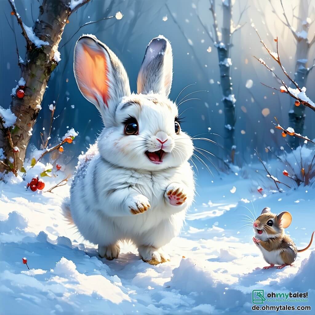 Ein kleiner Hase namens Felix mit weichem, schneeweißem Fell, großen aufmerksamen Ohren und funkelnden neugierigen Augen hüpft fröhlich in einer Winterlandschaft mit einem breiten Lächeln im Gesicht. Neben ihm schaut eine kleine Maus namens Mia mit braunem Fell und glänzenden Augen begeistert zu Felix, ihre kleinen Pfoten erhoben, als wäre sie bereit zu springen. Die Szenerie ist ein verschneites Dorf mit Holzhäusern, deren Dächer mit Schnee bedeckt sind, Tannenbäumen, die mit Lichtern geschmückt sind, und einem hellblauen Himmel, der mit flauschigen weißen Wolken durchzogen ist. Die Szene zeigt Felix und Mia, die auf dem Weihnachtsmarkt Spaß haben, umgeben von bunten Ständen, während die Kinder des Dorfes Schneemänner bauen und fröhlich lachen, während sanft Schneeflocken um sie herum fallen.