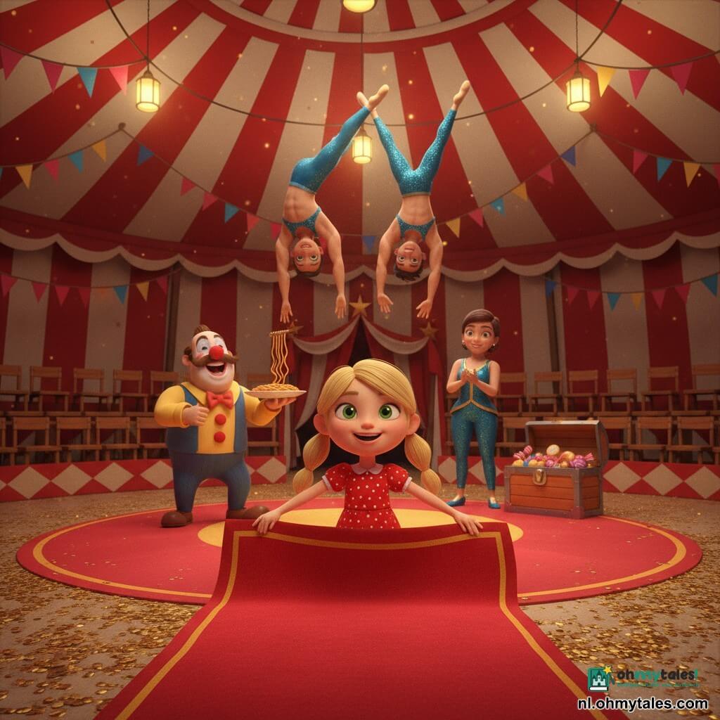 Meisje van 6, blij en trots, blonde dotjes, heldergroene ogen, rood met witte stippenjurkje en gele schoentjes, ze trekt en gladstrijkt een felrood tapijt; man (~35) met grote snor en rode clownsneus, kleurrijke schmink, lachend met een bord lange noedels links van het meisje; vrouw (~40) in glanzend blauw-goud kostuum, klappend bij een grote snoepkist; twee acrobaten (man en vrouw) in glinsterende pakken maken een salto boven het tapijt; binnen in een rond circusdoek rood-wit, warme hanglampen, kleurige vlaggetjes, houten stoelen en glitters op de grond; voorbijgaand moment waarin het meisje het magische tapijt heeft rechtgetrokken, acrobaten veilig op het punt te landen en artiesten glimlachen, feestelijke sfeer met verzadigde kleuren, sterke contrasten en gedetailleerde textuur van stoffen.