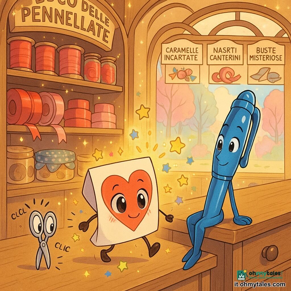Un piccolo Bigliettino Rosso animato, piegato di cartoncino con un grande cuore sul davanti, occhi lucenti e sorriso timido, leggermente stropicciato a un angolo, avanza saltellando sul bancone; accanto, una Penna Blu antropomorfa, sottile e lucente con il cappuccio a forma di cappello, veglia su di lui; una coppia di piccole Forbicine argentate, goffe e curiose, osserva la scena. Siamo in una cartoleria colorata del Bosco delle Pennellate, scaffali in legno con nastri rosati, barattoli di glitter dorati e timbri macchiati, luce calda e polvere di glitter nell'aria. È la mattina di San Valentino: il Bigliettino è appena scivolato dal cassetto e esita davanti a tre corsie — dolci incartati, nastri cantanti, buste misteriose — mentre coriandoli a forma di stella turbinano attorno, atmosfera gioiosa e speranzosa.