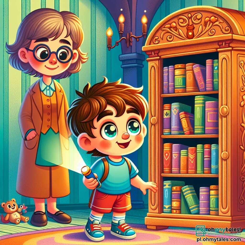 Sześcioletni chłopiec Kacper z rozczochranymi brązowymi włosami i błyszczącymi od ciekawości oczami stoi przed starą drewnianą biblioteką, a jego twarz promienieje ekscytacją i zachwytem. Ma na sobie niebieską koszulkę i czerwone szorty, trzyma w ręku małą latarkę. Obok niego stoi jego troskliwa mama, około 30-letnia, z brązowymi włosami i okrągłymi okularami, z życzliwym uśmiechem obserwując syna, lekko w cieniu pomieszczenia. Pokój dziecięcy jest ciepły, z pastelowo żółtymi ścianami, pełen kolorowych zabawek rozsypanych po podłodze i błyszczących książek na półkach. Biblioteka, imponująca i stara, ozdobiona delikatnymi wzorami, emanuje aurą tajemnicy. Główna sytuacja pokazuje Kacpra odkrywającego małe tajne drzwi za jedną z książek, jego oczy rozświetlają się zaskoczeniem, gdy zamierza je otworzyć, odsłaniając ciemny i intrygujący korytarz, który wydaje się obiecywać niesamowitą przygodę.