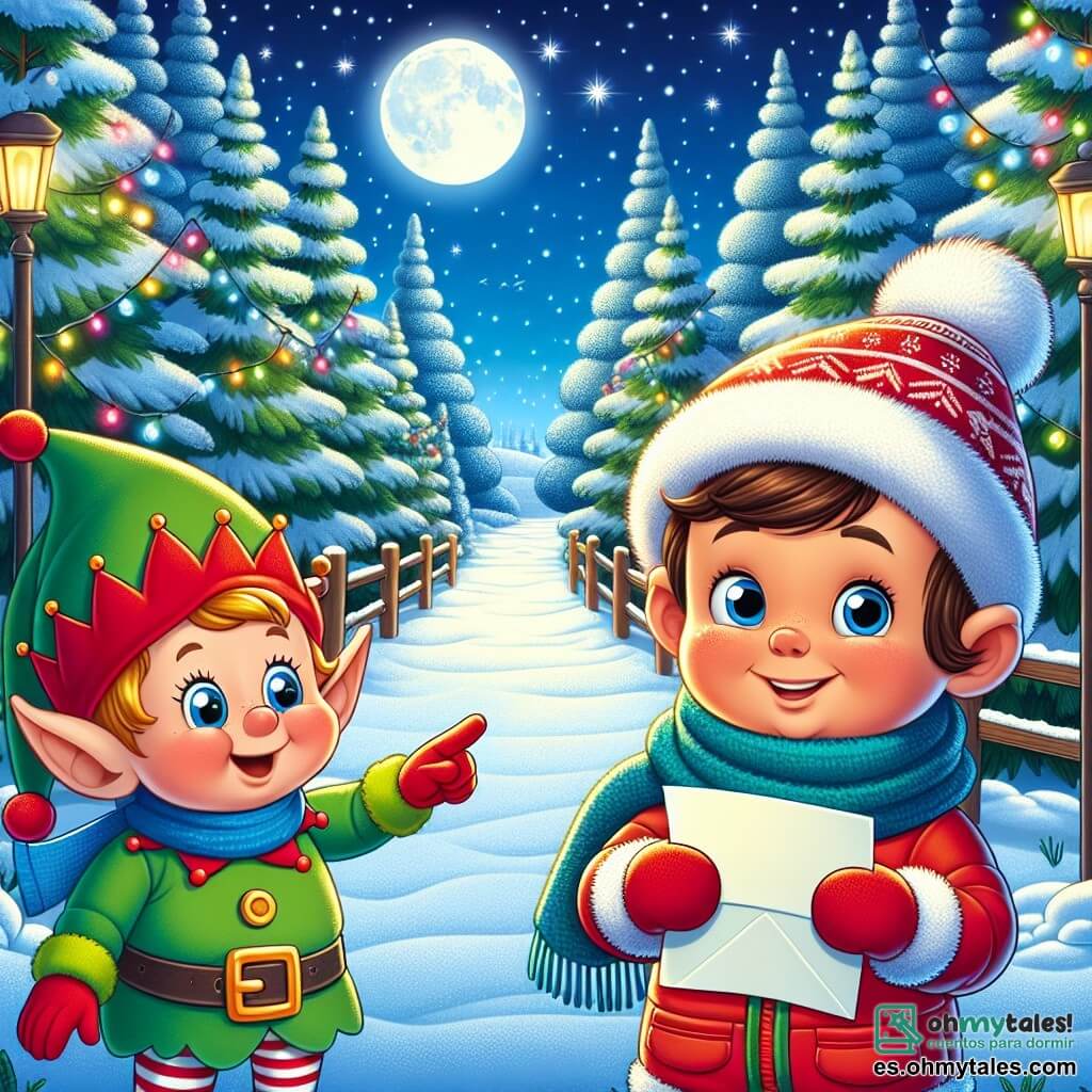 Un niño de 5 años, Lucas, con mejillas rosadas y ojos brillantes de emoción, se encuentra en medio de un bosque nevado. Lleva un traje rojo brillante, una bufanda azul y un gorro de lana, sosteniendo una carta de papel colorido en sus pequeñas manos. A su lado, un elfo llamado Elfi, con orejas puntiagudas, un sombrero rojo y una túnica verde, sonríe alegremente mientras señala un camino mágico flanqueado de abetos brillantes. Al fondo, árboles majestuosos están cubiertos de nieve brillante, y copos de nieve caen suavemente del cielo azul claro. La escena transmite un ambiente festivo y cálido, ilustrando el momento en que Lucas descubre el camino hacia el Polo Norte para entregar su carta a Papá Noel.