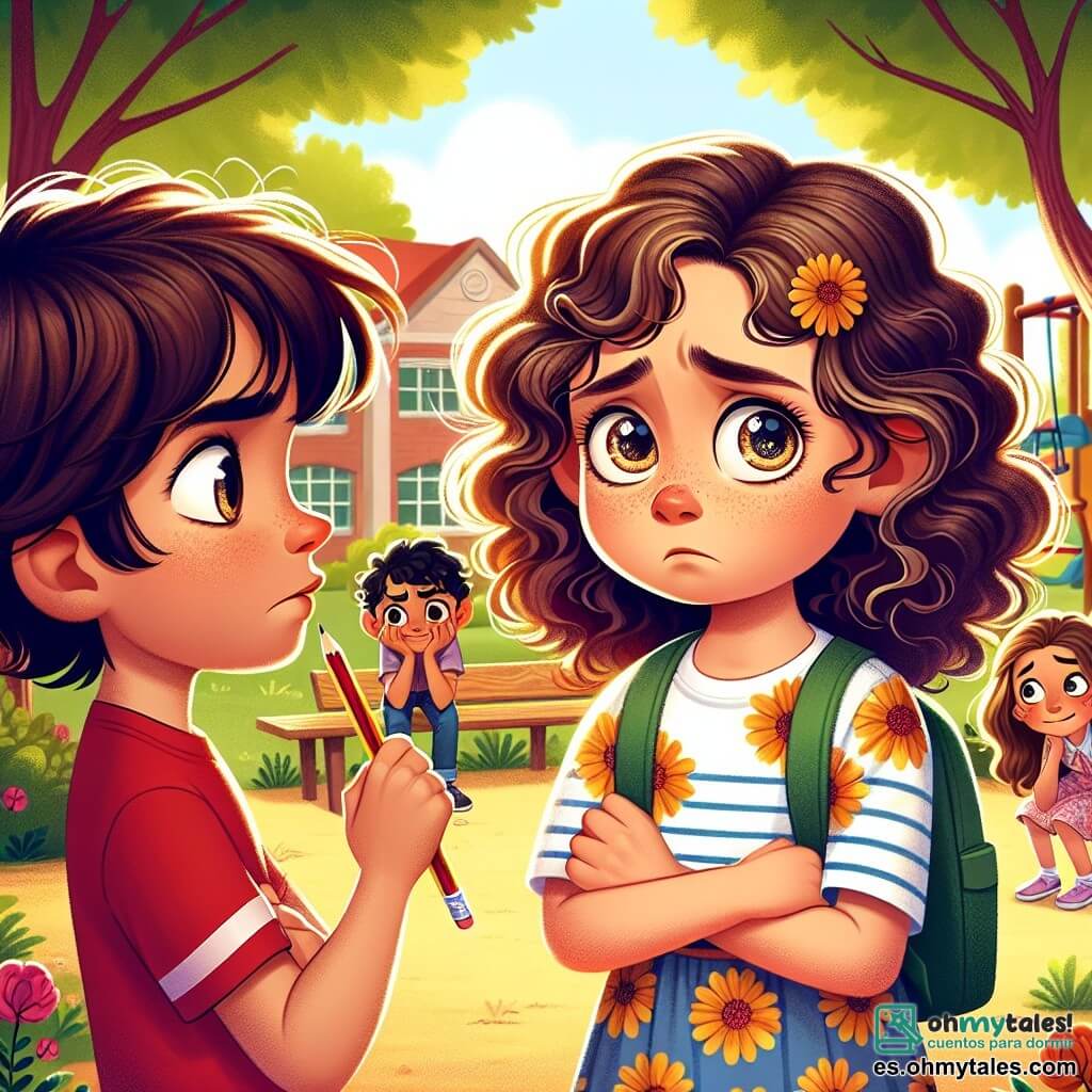 Una niña de 7 años, llamada Sofía, está en el centro de la imagen, con cabello rizado y ojos llenos de curiosidad. Tiene una expresión de nerviosismo, con las cejas ligeramente fruncidas, y sostiene un lápiz en su mano, mirando a un amigo con duda. A su derecha, Lucas, un niño de 7 años con cabello castaño desordenado y una camiseta roja, cruza los brazos, algo molesto, mientras mira a Sofía con ojos interrogantes. A su izquierda, Valentina, una niña de 7 años con cabello largo y liso, vestida con un vestido de flores, muestra una expresión comprensiva, lista para apoyar a su amiga. La escena se desarrolla en un patio escolar soleado, rodeado de grandes árboles con hojas verdes brillantes, con juegos infantiles al fondo y flores coloridas que dan vida al entorno. Sofía está en una situación delicada, intentando disculparse con Lucas por haber roto accidentalmente su lápiz, mientras se da cuenta de la importancia de decir la verdad.