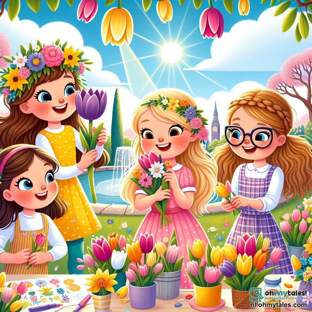 In een bloeiende tuin staan vier tienermeisjes samen, omringd door kleurrijke bloemen. Lisa, in een stralende gele jurk met een bloemenkrans op haar hoofd, glimlacht vrolijk terwijl ze een grote paarse bloem vasthoudt. Links van haar bewondert Emma, met bruin krullend haar en een roze jurk, een mooie tulp. Rechts is Sophie, met lange blonde gevlochten haren, bezig met het verzamelen van bloemblaadjes, terwijl Noor, met een bril en kastanjebruin haar in een paardenstaart, een natuurkaart laat zien.

Het park is helder en levendig, vol tulpen, narcissen en bloeiende bomen, onder een heldere blauwe lucht met donzige witte wolken. De zonnestralen verlichten het landschap en creëren een vrolijke, lentachtige sfeer.

De meisjes organiseren een lentefestival, lachen en spelen samen terwijl ze hun tafel versieren met geplukte bloemen, klaar om de schoonheid van de natuur te vieren.