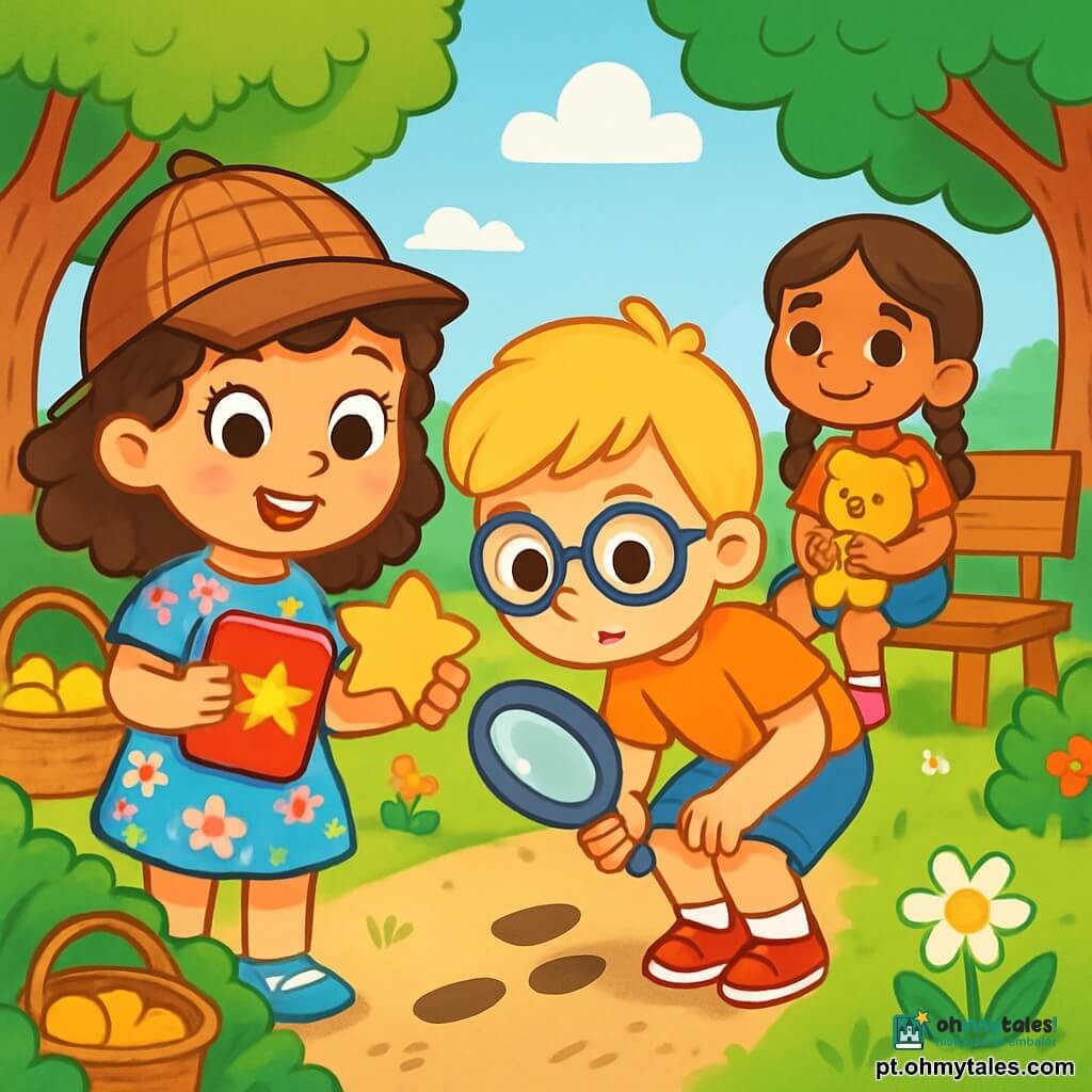 Uma menina de 6 anos, com grandes olhos brilhantes e cabelos cacheados, usa um vestido florido e um chapéu de detetive. Ela tem uma expressão de curiosidade e empolgação, segurando um caderno em uma mão e um adesivo em forma de estrela na outra. Ao lado dela, um menino de 6 anos, com cabelos loiros e óculos, observa atentamente uma pista no chão, com um ar concentrado. Outra criança, uma menina de 6 anos com tranças, está sentada em um banco, segurando um urso de pelúcia amarelo, sorrindo e observando os amigos. O local é um parque ensolarado, com árvores verdes majestosas, flores coloridas e um grande céu azul com nuvens brancas fofas. No centro da ilustração, o grupo de crianças está cercado por folhas e pétalas, enquanto uma cesta de vime está escondida sob uma árvore, com bolinhos de banana visíveis dentro. A situação principal mostra as crianças resolvendo um mistério, examinando atentamente o chão em busca de pistas, com expressões de entusiasmo e determinação em seus rostos.