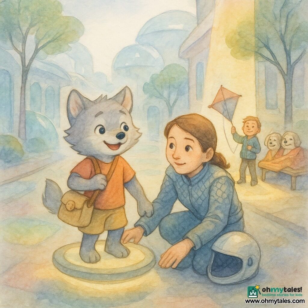 Main character: Milo, an 8-year-old anthropomorphic gray wolf with round ears and bright, smiling eyes, standing on a small glowing grav-platform holding a canvas satchel with a visible biscuit, joyful and curious; secondary: Lia, a friendly human patrol officer with a silver-trimmed jacket and decorative scales, helmet beside her, crouched guiding the platform with a kind, attentive expression; secondary 2: a relieved, happy child holding a wet kite near a bench where two old dogs wrapped in blankets smile under a warm rectangular beam of sunlight; setting: a soft futuristic urban street with smooth glass domes, tree leaves like translucent glass panels, subtly changing interactive sidewalks and silver mist low to the ground; scene: Milo learning to patrol as Lia guides him along an alley of pastel watercolor tones, foggy silver contrasts and warm sun patches.