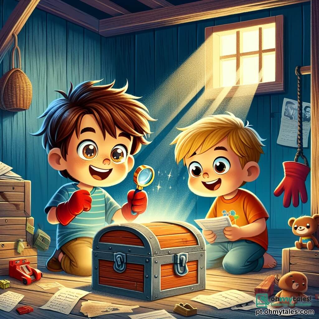 Um garoto de 8 anos, Lucas, com cabelos castanhos bagunçados e olhos brilhantes de curiosidade, está no centro da imagem, segurando uma lupa de brinquedo em uma mão e uma luva vermelha na outra, exibindo um largo sorriso de empolgação. Ao lado dele está Tomás, também um garoto de 8 anos, com cabelos loiros e uma camiseta colorida, que observa o cofre antigo com olhos arregalados, demonstrando seu entusiasmo pela aventura. A cena ocorre no velho alpendre de uma casa azul, com paredes de madeira e janelas com persianas, cercada por brinquedos empoeirados e velhas caixas. Raios de luz filtram através de uma pequena janela, iluminando o cofre misterioso no centro do cômodo. Lucas e Tomás estão abrindo um cofre antigo, descobrindo cartas e fotos de família, com os rostos iluminados pela descoberta de um tesouro escondido, simbolizando a empolgação e a amizade em sua busca por aventura.