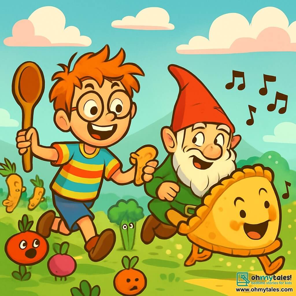 A 10-year-old boy, Ollie Bumblesnuff, with messy hair and round glasses, has a big excited smile. He wears a colorful striped shirt and denim shorts, holding a large wooden spoon in one hand. Next to him is a gnome named Bumblewort, about 50 years old, with a bushy beard and a pointed hat, looking at Ollie mischievously while holding a sandwich in the other hand. They are in the Valley of Very Strange Vegetables, where carrots jump like kangaroos and tomatoes juggle onions. The sky is bright blue with candy-shaped clouds. The main scene shows Ollie and Bumblewort chasing a giant singing cheese pie that leaves a trail of sparkling crumbs, while a group of curious vegetables watches them with amused expressions.