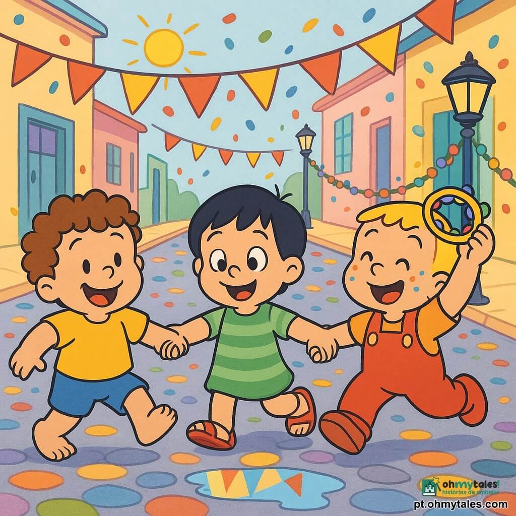 Há 3 personagens: Tico, menino de 2 anos, cabelos castanhos encaracolados, bochechas redondas e sorriso largo, veste camiseta amarela e short azul, à esquerda segurando a mão de Bino; Bino, menino de 2 anos, cabelos lisos pretos e olhos brilhantes, veste um vestido leve às riscas verdes e sandálias vermelhas, ao centro segurando as mãos de Tico e Léo; Léo, menino de 2 anos, cabelo loiro cortado curto, confetes nas bochechas, veste jardineira vermelha, à direita levantando um pandeiro colorido. Local: rua de carnaval ensolarada com paralelepípedos coloridos, fachadas em tons pastéis, bandeirolas vermelhas e amarelas, confetes multicoloridos no ar, postes com guirlandas e uma pequena poça brilhante refletindo os festões. Situação: os três dançam de mãos dadas no meio da rua, passos pequenos e alegres, confetes caindo e uma máscara dourada brilhando no chão perto dos pés.
