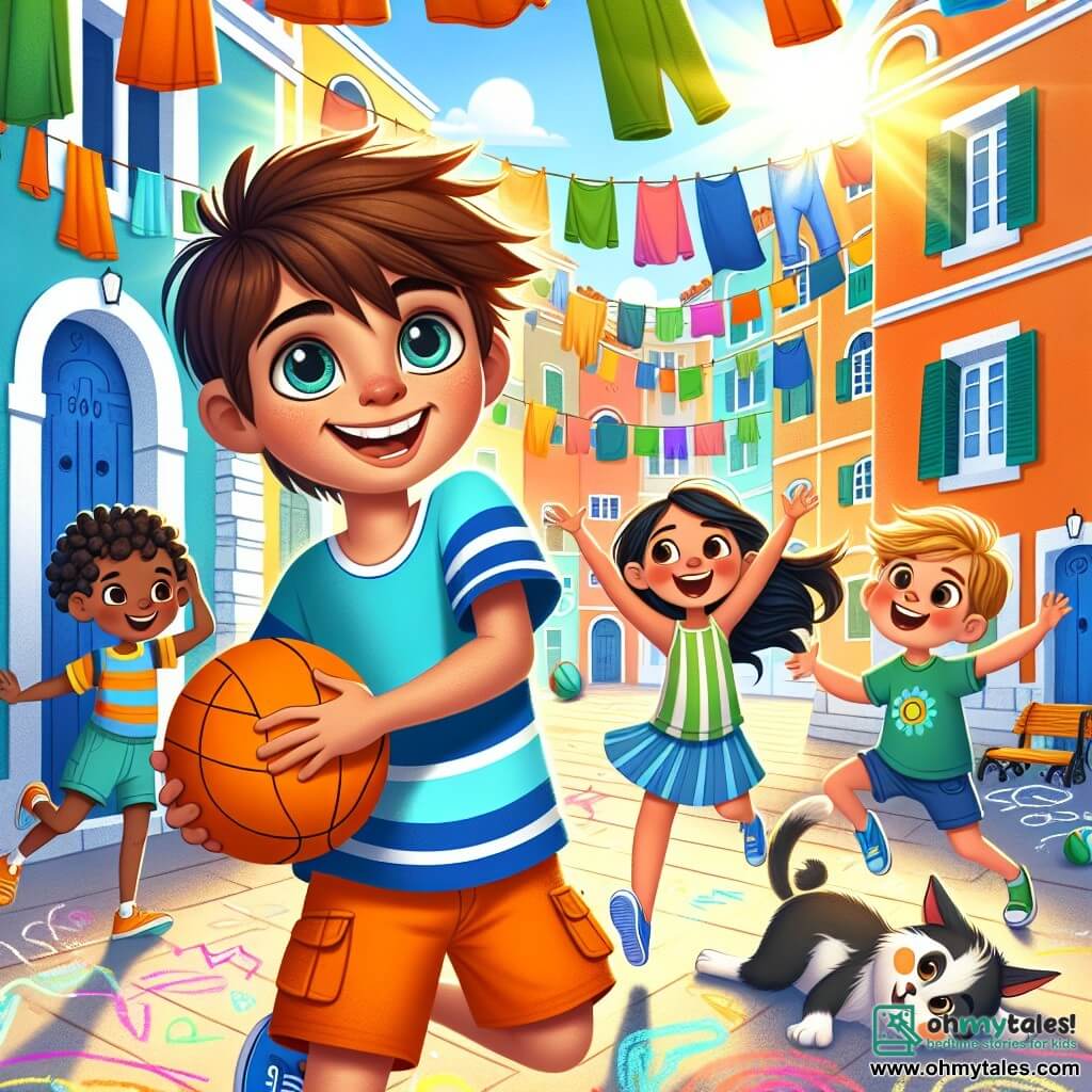 An 8-year-old boy, Sami, with brown hair and sparkling eyes, stands in the center of the scene, smiling with wonder. He wears a blue t-shirt and orange shorts, holding an orange balloon in his hands. Next to him, a 9-year-old girl, Lila, with braided black hair and a green scarf, laughs joyfully while holding another balloon. An 8-year-old boy, Ben, with freckles and blond hair, is running towards them with open arms, ready to play. The scene takes place in a lively courtyard surrounded by tall buildings with colorful facades, with clothes hanging that flutter in the wind. Children are playing on the ground, colorful chalk drawings adorn the concrete, and a lazy cat sits on a wall. Sami, Lila, and Ben are playing together, laughing and tossing the balloon, creating an atmosphere of joy and friendship. Sun rays illuminate their faces, reflecting the diversity and harmony of their new community.