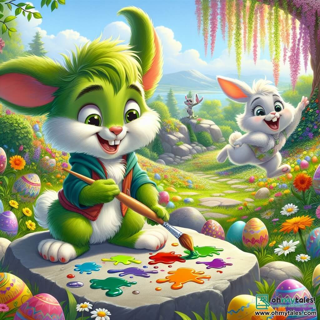 Pippin, a small character with bright green fur, large floppy ears, and a curious nose, is painting colorful Easter eggs on a large flat stone in his sunny garden. He has a big smile on his face, overflowing with excitement and creativity. Next to him, Bella, an adorable little bunny with snow-white fur, joyfully hops around, her eyes sparkling with happiness, holding a paintbrush in her tiny paws. The garden is filled with colorful flowers dancing in the breeze, with trees laden with blossoms, creating a magical atmosphere. The scene shows Pippin and Bella surrounded by decorated eggs splashed with paint as they prepare for an egg hunt full of surprises and laughter.