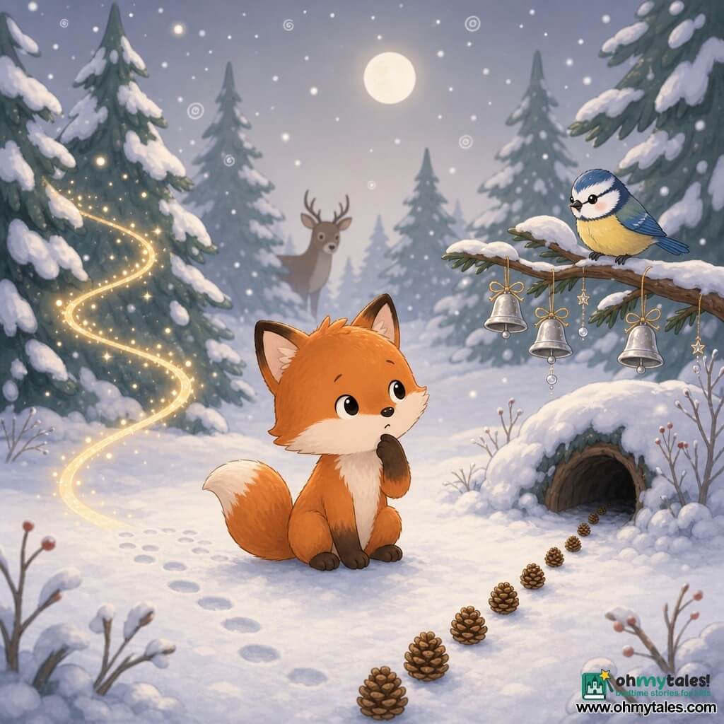 A young red fox with soft fur and curious round eyes sits in moonlit snow sniffing a neat line of pinecones while a cheerful blue-and-yellow tit perches on a low branch to the right and a calm brown deer silhouette watches from behind pines to the left; a golden ribbon of light between two trees and a garland of small silver bells hang on a branch, the scene centered and peaceful with warm tones on the fox and gold and silver holiday accents in a snowy pine forest under a pearl-gray sky with light spiral flakes.