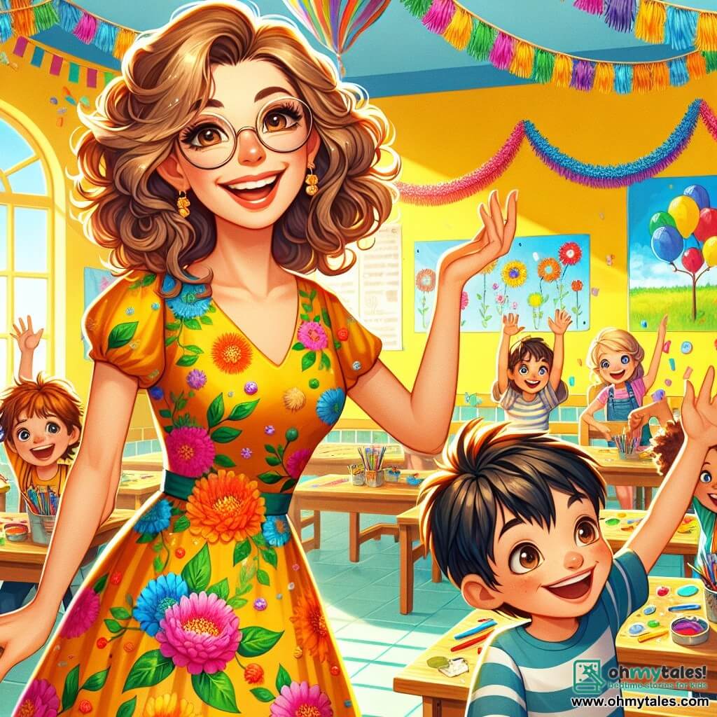 Miss Lily, a cheerful teacher in her thirties, wears a colorful floral dress and a bright smile. Her curly, warm brown hair frames her enthusiastic face as she stands in the center of the classroom with open arms, ready to welcome her students. Max, an 8-year-old boy with round glasses and messy brown hair, is hanging colorful garlands from the ceiling, his face lit up with excitement. Mia, a 7-year-old girl with long braided blonde hair, is painting a large mural on the wall, her eyes sparkling with creativity. Sam, a curious 8-year-old boy with smooth black hair, raises his hand with a big smile, ready to ask a question. The scene takes place in a bright classroom filled with vibrant colors: yellow-painted walls, children's drawings on posters, and wooden tables laden with art supplies. Balloons float from the ceiling, adding a festive touch to the atmosphere. The main situation shows Miss Lily and her students preparing for a big end-of-year party, surrounded by colorful decorations and a spirit of camaraderie, all united in joy and anticipation to celebrate their school year together.