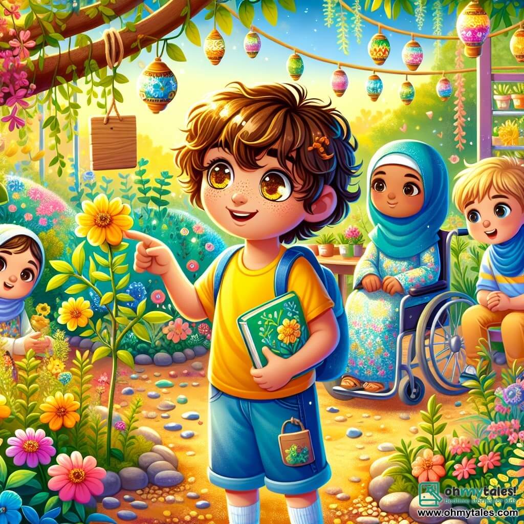 A 12-year-old boy with curly brown hair and sparkling curious eyes stands in the center of a vibrant garden. He wears a bright yellow t-shirt and denim shorts, displaying an enthusiastic smile and a look of wonder. He holds a small notebook in one hand while pointing to a colorful plant with the other. Next to him, an 11-year-old girl in a blue hijab and brown eyes observes a wooden label attached to a plant. She has a gentle smile and wears a light floral-patterned dress. A 12-year-old boy in a wheelchair with blonde hair and glasses sits nearby on a bench, holding an illustrated book and listening attentively. The garden is filled with multicolored flowers, small lanterns hanging from tree branches, and a soft golden light from the setting sun. Gravel paths wind between the plants, and children gather around a wooden table where plant labels are hung. The scene captures a moment of children sharing stories and experiences, surrounded by the beauty of the garden, creating a sense of community and diversity.