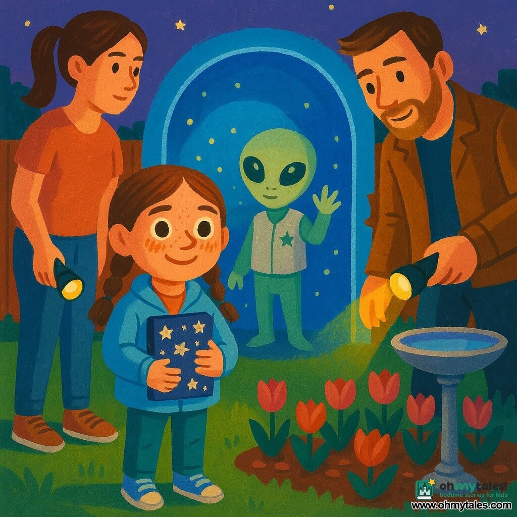 An 8-year-old girl, Mina, stands in the foreground, wide-eyed and cautious with a round freckled face, brown hair in two braids, wearing a light blue jacket and sneakers, clutching a dark blue notebook covered in sparkling silver star stickers; slightly behind her to the left a calm attentive woman (mother, ~35) with chestnut hair in a ponytail watches the glowing door with a flashlight on her belt, and to the right a amused protective man (father, ~37) with a short beard leans toward Mina smiling and holding a small torch; at center-rear a childlike alien named Orbi appears in a circular blue light doorway over the lawn—pale green skin, large marbled eyes, small stature, silver vest with a sewn star, raising a three-fingered hand in a shy greeting as tiny light particles dance around the threshold; the setting is a family garden at dusk with soft green grass, terracotta pots by a wooden fence, beds of tulips, a silver birdbath reflecting light, and a violet-blue sky with early stars; the scene feels gentle, curious, and slightly magical, centered on Mina and the glowing door with protective parents in the background.