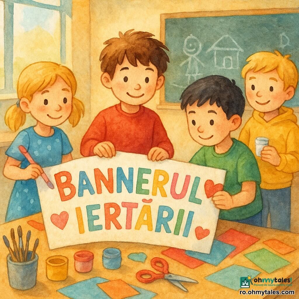 Sunt 4 copii: Andrei, băiat de 8 ani cu păr brun și pulover roșu, ține o foaie mare cu litere colorate, în centru. Mara, fată de 8 ani cu păr blond în două codițe și rochie albastră cu buline, ține o pensulă roz, stă în stânga lui Andrei. Răzvan, băiat de 8 ani cu păr negru și tricou verde, lipește inimi roșii pe foaie, în dreapta lui Andrei. Mihai, băiat de 8 ani cu păr șaten deschis și hanorac galben, ține un tub de lipici și zâmbește, în spatele lui Andrei. Locul este o sală de clasă luminoasă cu ferestre mari și mese acoperite cu materiale de artă. Pe fundal, un tablou negru cu desene de copii. Copiii colaborează vesel pentru a crea un banner mare și colorat intitulat "Bannerul iertării", simbolizând prietenia și creativitatea.