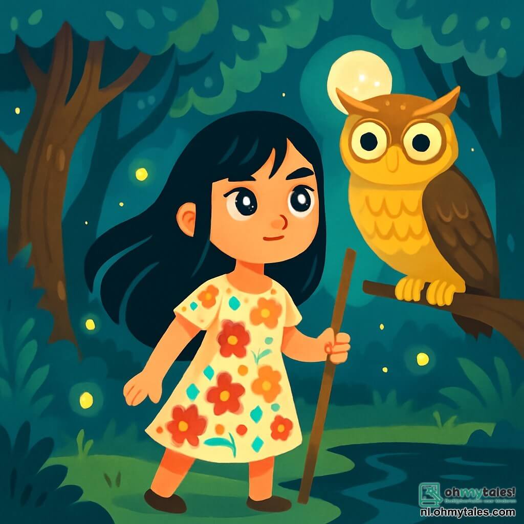 Yumi, een jonge vrouw met lange zwarte haren en stralende sterrenogen, staat moedig aan de rand van een donkere rivier, met een vastberaden en stralend gezicht. Ze draagt een mooie jurk van lichte stof, versierd met kleurrijke bloemenpatronen, en houdt een lange houten staf in haar hand. Naast haar zit een grote wijze uil met gouden veren en ronde ogen, die haar vriendelijk observeert vanaf een tak, klaar om advies te geven. Op de achtergrond strekt een dichte en mysterieuze bos zich uit, met knoestige bomen en glinsterende bladeren onder het maanlicht. Een lichte mist zweeft boven de grond, wat een magische en betoverende sfeer creëert. Yumi bereidt zich voor om de donkere rivier over te steken, vastbesloten om de waardevolle Lichtsteen te vinden, terwijl kleine lichtjes om haar heen dansen, die de bosgeesten vertegenwoordigen die haar aanmoedigen in haar zoektocht.