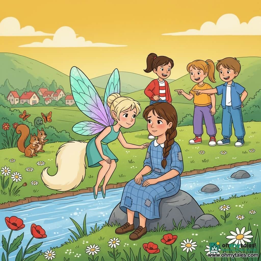 Main character: Zephyra, a small fairy with iridescent turquoise-and-violet wings and a creamy fluffy tail, gentle determined expression, perched on a rock leaning toward an 8–10-year-old girl named Mia to comfort her; Mia: brown hair in a loose braid, patched blue plaid dress, tear-streaked face beginning to smile, sitting by a shimmering stream; three older children in colorful modern clothes stand a few meters back on the grass, pointing and mocking; nearby butterflies and a brown squirrel watch among wildflowers; setting: sunny meadow by the stream with green grass dotted with daisies and poppies, emerald hills and red-roofed village houses on the horizon; scene: a soothing confrontation as Zephyra comforts Mia in warm afternoon light while the distant group laughs, creating an emotional contrast between the warm duo and the cold, mocking group.