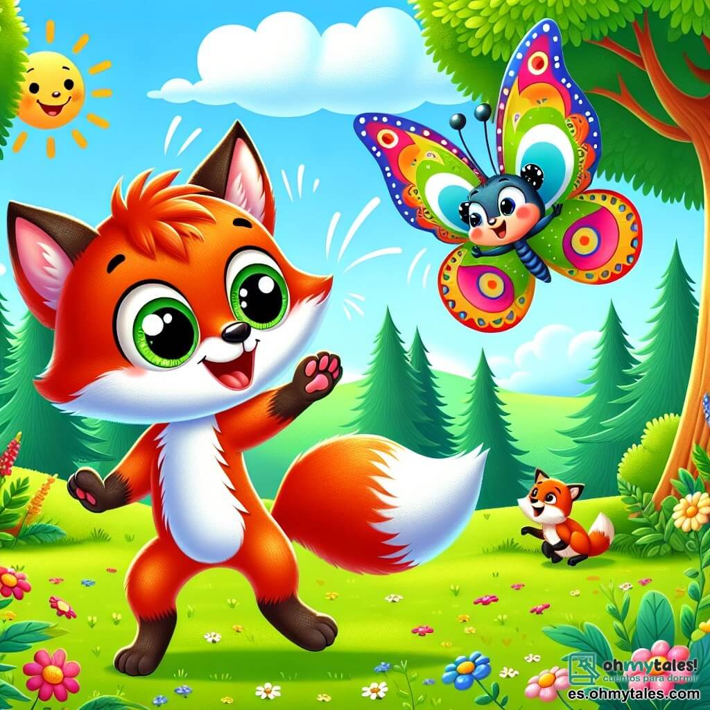 Un pequeño zorro de pelaje rojo brillante, con grandes ojos brillantes y una sonrisa alegre, baila con entusiasmo en un prado verde, con las patas levantadas en el aire. A su lado, una hermosa mariposa con alas coloridas y patrones brillantes sonríe amablemente mientras le muestra algunos pasos de baile, flotando con gracia en el aire. El prado está lleno de flores coloridas y árboles majestuosos, bajo un cielo azul salpicado de nubes blancas y esponjosas. Zorrito, lleno de energía, intenta reproducir los movimientos de la mariposa, con sus ojos chispeantes de determinación y alegría, mientras que los otros animales, ocultos detrás de los arbustos, los observan con admiración.