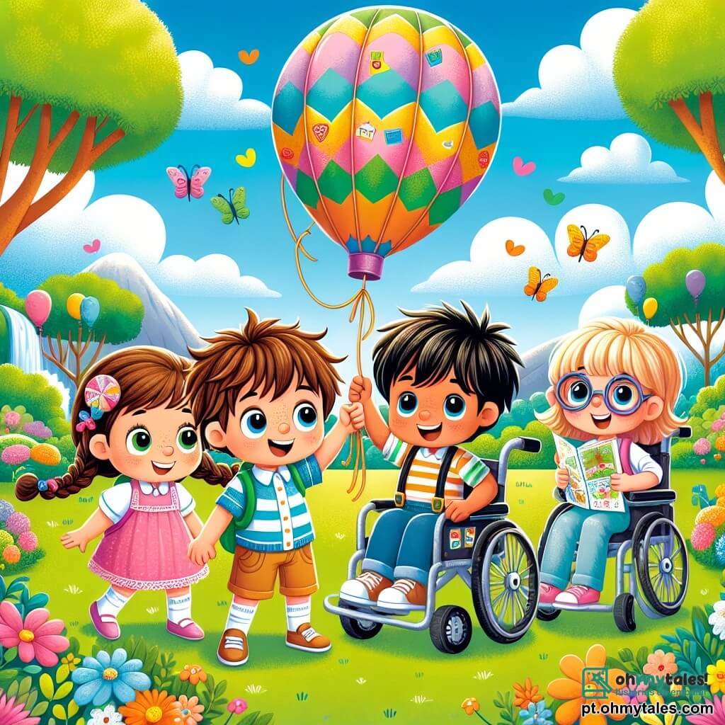 Em um grande jardim verdejante, quatro amigos estão reunidos. Tomás, um garoto de 8 anos com cabelos castanhos bagunçados e um sorriso radiante, está no centro segurando as cordas de um balão colorido. À sua direita, Maria, uma menina de 7 anos com cabelos loiros trançados e vestindo um vestido rosa, levanta os braços animadamente. À esquerda, João, um garoto de 8 anos com óculos e cabelos negros, está inclinado para amarrar as cordas do balão, concentrado em sua tarefa. Por fim, Luísa, uma menina de 7 anos com cabelos castanhos e uma cadeira de rodas decorada com adesivos coloridos, sorri alegremente segurando um mapa, pronta para guiar seus amigos. O jardim está repleto de flores vibrantes, árvores majestosas e um céu azul claro com algumas nuvens brancas. Ao fundo, vê-se um pequeno lago brilhante sob o sol. Os quatro amigos estão prestes a decolar em seu balão caseiro, flutuando suavemente acima do jardim, prontos para viver uma grande aventura juntos.