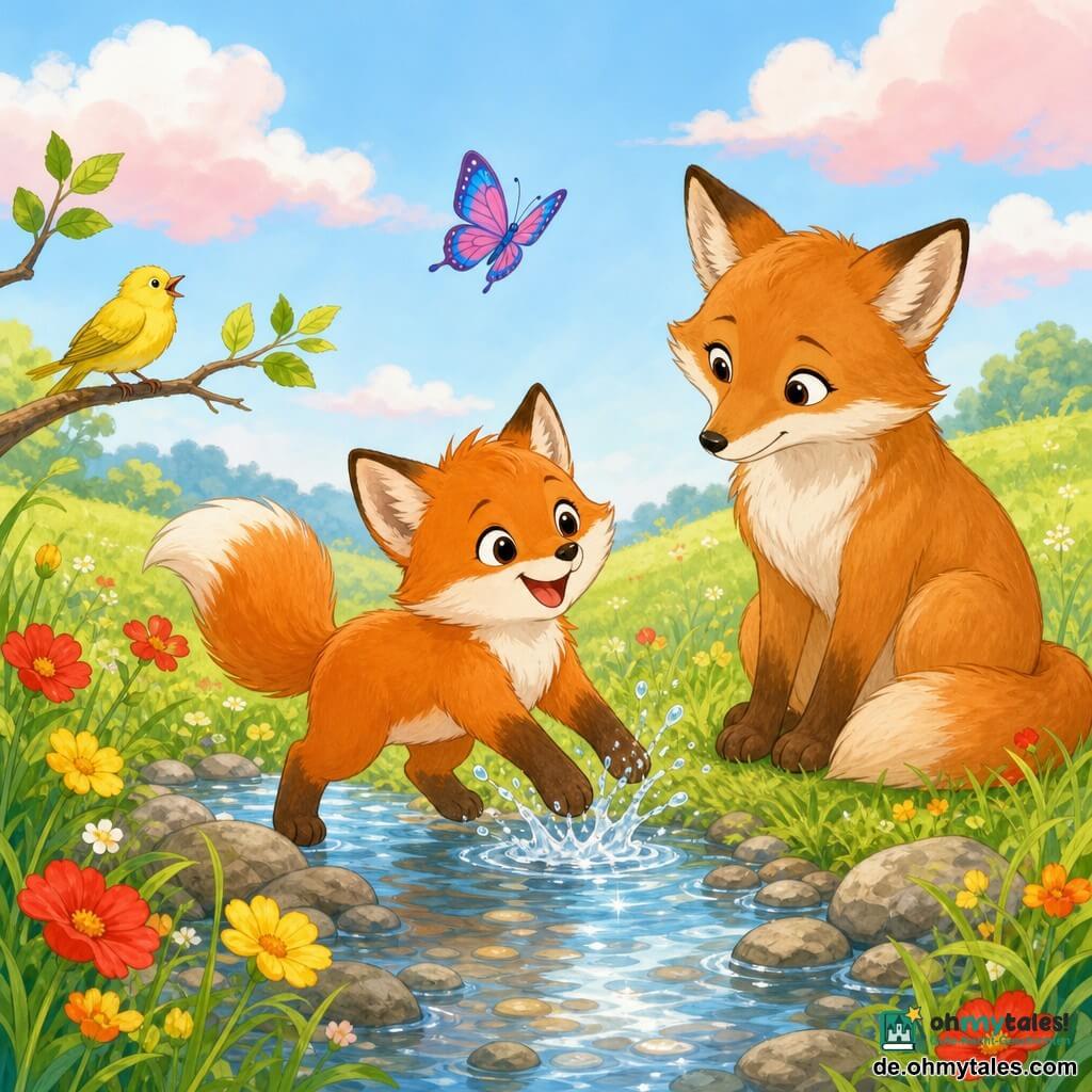 Die Hauptfigur ist ein kleiner rot-weißer Fuchs mit weichem Fell, rundem neugierigem Blick und fröhlichem Lächeln, der im Bach planscht; die größere Mutterfähe mit warmem beige-rötlichem Fell sitzt schützend im Gras daneben; ein zartes blau-rosa Schmetterling flattert über dem Fuchs, ein gelber Vogel auf einem niedrigen Ast links singt und beobachtet; Schauplatz eine Sommerwiese mit zartgrünem Gras, roten und gelben Blumen, einem klaren Bach mit glatten Steinen und silbernen Spiegelungen, blauem Himmel und wenigen rosa Wolken, insgesamt eine einfache, friedliche Sommerferienstimmung.