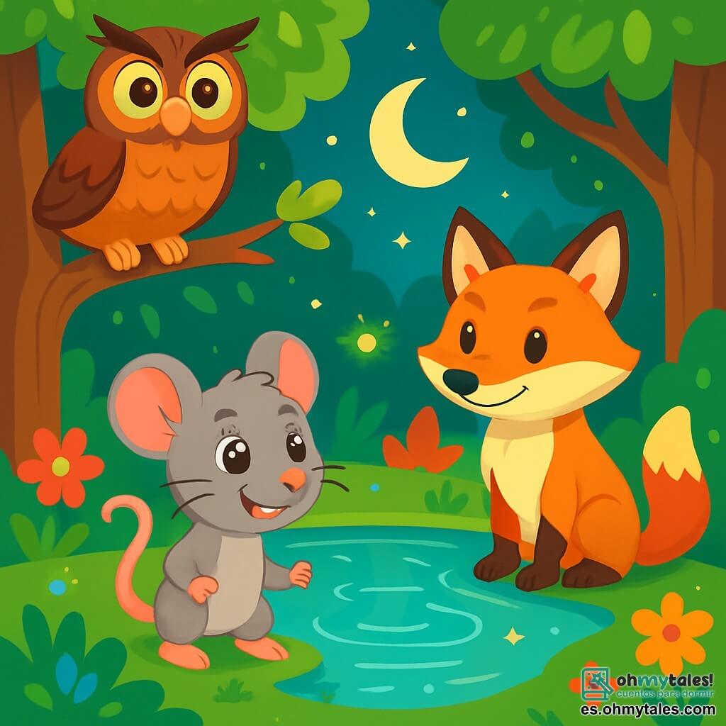 Un pequeño ratón llamado Ramiro, con un suave pelaje gris y ojos brillantes como estrellas, se encuentra valientemente al borde de un estanque resplandeciente, mostrando una alegre determinación. A su lado, un astuto zorro de pelaje naranja y cola esponjosa observa atentamente, listo para ayudar a su amigo. Un gran búho sabio, posado en una rama, con plumas marrones y ojos grandes y penetrantes, observa la escena con curiosidad benevolente. El lugar es un hermoso bosque encantado, donde majestuosos árboles de hojas verdes brillantes se elevan hacia el cielo y flores coloridas salpican el suelo, creando una atmósfera mágica. El estanque, en el centro de la escena, refleja la luz de la luna con ondulaciones brillantes, mientras luciérnagas bailan alrededor, añadiendo un toque de fantasía. La situación principal muestra a Ramiro y sus amigos uniendo fuerzas para salvar el corazón del bosque, decididos a restaurar la magia del estanque, con expresiones de valentía y amistad en sus rostros.