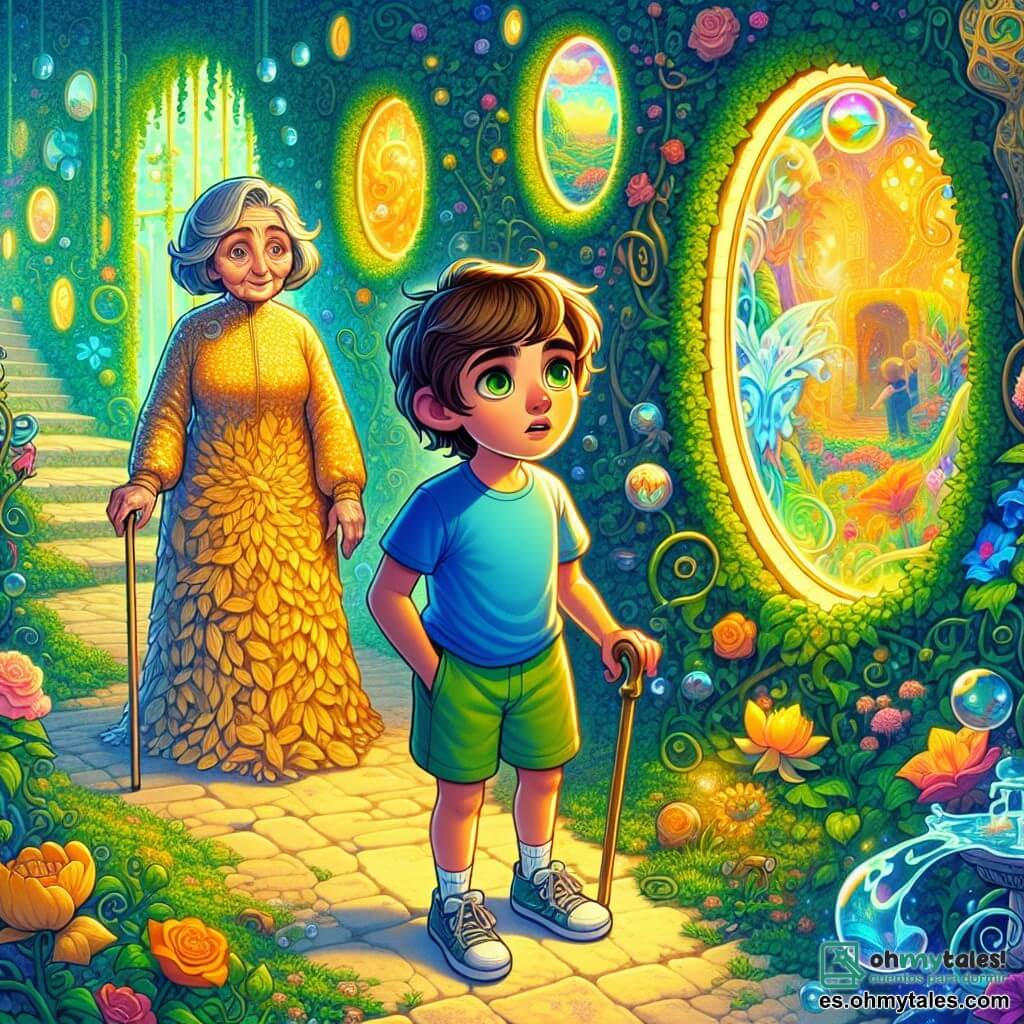Un niño de 10 años, Tomás, con cabello castaño desordenado y ojos llenos de curiosidad, se encuentra en el centro de un jardín misterioso. Lleva una camiseta azul y un pantalón corto verde, y su rostro expresa asombro con una ligera sonrisa y cejas levantadas. A su lado, una anciana de unos 70 años, vestida con un vestido de hojas doradas, sonríe suavemente mientras sostiene un bastón adornado con flores. El jardín es exuberante, rodeado de altos muros cubiertos de hiedra, con caminos sinuosos bordeados de espejos de formas extrañas que reflejan paisajes coloridos y destellos de luz. En el centro, una fuente brillante emite un suave murmullo de agua. Tomás, intrigado, se encuentra frente a un espejo en forma de gota, contemplando su reflejo que parece cambiar, mientras la anciana le hace una pregunta enigmática sobre su búsqueda de la verdad.