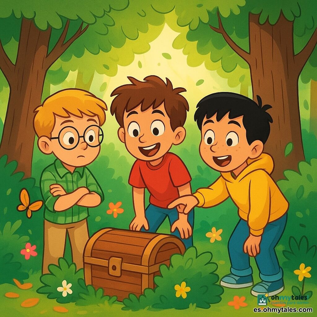 Hay 3 personajes: - Lucas: un niño de 8 años, con cabello castaño desordenado y ojos llenos de curiosidad. Lleva una camiseta roja y un pantalón corto azul. Está en el centro, sonriendo, mirando a sus amigos con entusiasmo. - Tomás: un niño de 7 años, con cabello rubio y gafas redondas. Viste una camisa de cuadros verdes y un pantalón beige. Está a la izquierda de Lucas, con los brazos cruzados, luciendo pensativo e intrigado. - Mateo: un niño de 8 años, con cabello negro y pecas en la nariz. Lleva un sudadera amarilla y jeans. Está a la derecha de Lucas, señalando un arbusto con una mirada maravillada. El lugar es un hermoso bosque verde, con grandes árboles de troncos gruesos que se elevan hacia el cielo. Rayos de sol atraviesan las hojas, creando manchas de luz en el suelo cubierto de hojas secas y flores coloridas. En el centro de la escena, un arbusto frondoso oculta un pequeño cofre de madera, rodeado de flores silvestres y mariposas revoloteando alegremente. La situación principal de la historia muestra a los tres amigos descubriendo el cofre misterioso. Están inclinados hacia adelante, con los ojos abiertos de sorpresa, mientras una suave brisa hace danzar las hojas a su alrededor.