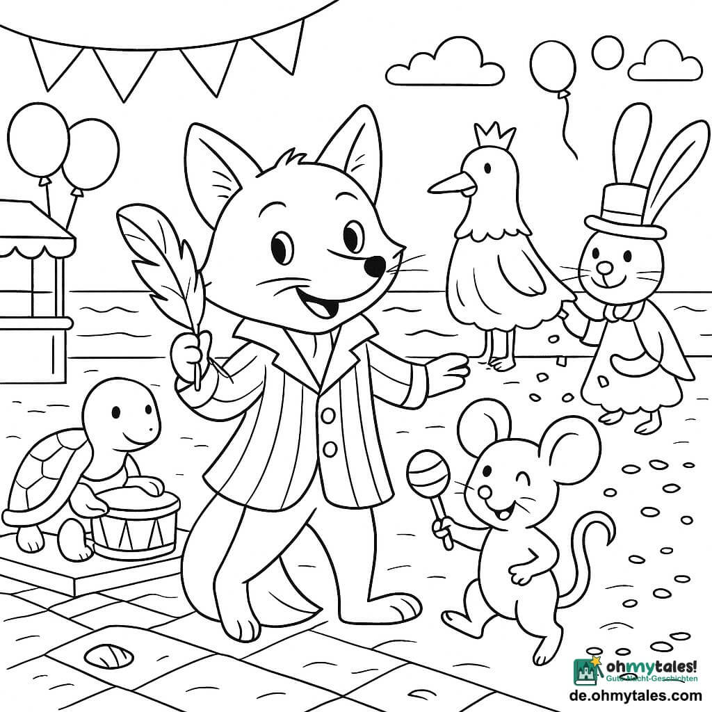 Ein kleiner roter Fuchs (anthropomorph) lächelnd und stolz, mit lebhaften Augen und feinen Schnurrhaaren, trägt einen gestreiften Karnevalsmantel und hebt mit den Vorderpfoten eine bunte Feder, dynamische Haltung, freudiger Blick; rechts davon springt eine graue Maus mit großen Ohren und schelmischer Nase, begeistert, hält eine gestreifte Rassel; links im Hintergrund eine runde Schildkröte mit Trommel auf dem Rücken, konzentriert und ruhig, schlägt sanft darauf; eine Möwe in Prinzessinnenkleid und ein Hase mit Zylinder rechts sammeln Konfetti; Schauplatz: gepflasterte Strandpromenade nach dem Karneval mit Wimpeln, Ständen mit Ballons und Meer am Horizont, Muscheln und Fußspuren im Sand im Vordergrund; Situation: nach dem Umzug sammeln die Tiere bunte Accessoires und singen beim Aufräumen, festliche, geordnete Atmosphäre, klare Komposition mit vordergründigen Figuren und Festszene im Hintergrund, klare Tuschekonturen, sanfte Kontraste, Freiräume zum späteren Kolorieren.