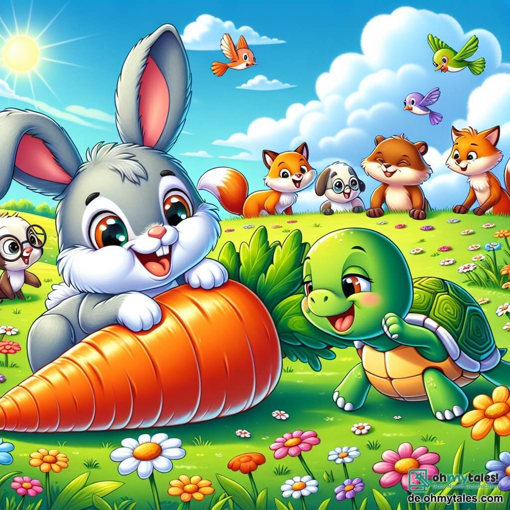 Ein kleiner Hase mit großen Ohren und grauem Fell, dessen Augen vor Freude strahlen, rollt eine riesige Karotte über eine grüne, sonnige Wiese und lacht vor Glück. Neben ihm ermutigt ihn eine fröhliche Schildkröte mit buntem Panzer, die mit einer Pfote winkt und bereit ist zu helfen. Im Hintergrund beobachtet eine Gruppe von Tieren, darunter ein schlauer Fuchs mit einem schelmischen Lächeln und ein Eichhörnchen mit runden Augen, die Szene amüsiert, alle versammelt um einen großen Kreis aus bunten Blumen. Der Ort ist eine schöne Wiese, übersät mit leuchtenden Blumen, unter einem hellblauen Himmel, wo die Sonne scheint und die Vögel singen, was eine fröhliche und verspielte Atmosphäre schafft. Die Hauptsituation zeigt den kleinen Hasen und die Schildkröte, die Spaß daran haben, die Karotte zu rollen, während die anderen Tiere sie voller Aufregung und Lachen anfeuern.