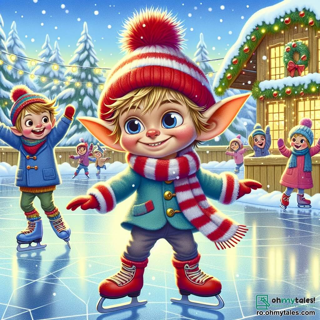 În centrul imaginii, un spiriduș mic pe nume Luca, cu urechi mari ascuțite și păr zburlit, patinează vesel pe o suprafață de gheață strălucitoare, un zâmbet larg iluminându-i fața. Poartă o căciulă roșie aprinsă și o eșarfă în dungi, în timp ce fulgii de zăpadă cad ușor în jurul lui, creând o atmosferă magică. În stânga, prietenul său Matei, un alt spiriduș cu păr blond și ochi strălucitori, îl încurajează ridicând brațele, având o expresie de bucurie și entuziasm. El poartă o haină albastră și mănuși colorate, stând aproape de o margine de gheață decorată cu ghirlande luminoase. Locul este o patinoar încântător în aer liber, înconjurat de brazi acoperiți de zăpadă și case din lemn cu acoperișuri acoperite de zăpadă, sub un cer albastru deschis presărat cu nori albi. Copiii râd și se joacă în fundal, adăugând la atmosfera festivă. Situația principală arată cum Luca, după ce a câștigat încredere, alunecă cu ușurință pe gheață, cu brațele desfăcute pentru a-și menține echilibrul, în timp ce fulgii de zăpadă dansează în jurul lui, surprinzând magia iernii și bucuria prieteniei.