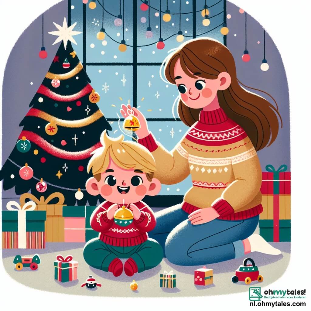 Een jongetje van 1 jaar, met blond haar en sprankelende ogen van vreugde, zit op de grond omringd door kleurrijk speelgoed. Hij glimlacht breed, verwonderd door de magie van Kerstmis, terwijl hij een klein en glanzend klokje in zijn handen houdt. Zijn moeder, een vrouw van ongeveer 30 jaar met bruin haar en zachte ogen, staat naast hem en glimlacht teder. Ze draagt een feestelijke rode trui en kijkt met liefde naar haar zoon terwijl ze lichtjes op de plaats danst. De scène speelt zich af in een warme woonkamer, versierd met een prachtige kerstboom, verlicht met schitterende slingers en kleurrijke ballen. Mooi ingepakte cadeaus liggen rondom de boom, en buiten vallen zachte sneeuwvlokken door het raam. Het jongetje ontdekt het magische klokje dat "Vrolijk Kerstfeest" zingt, en samen dansen ze vrolijk rond de boom, wat een feestelijke en blije sfeer creëert.