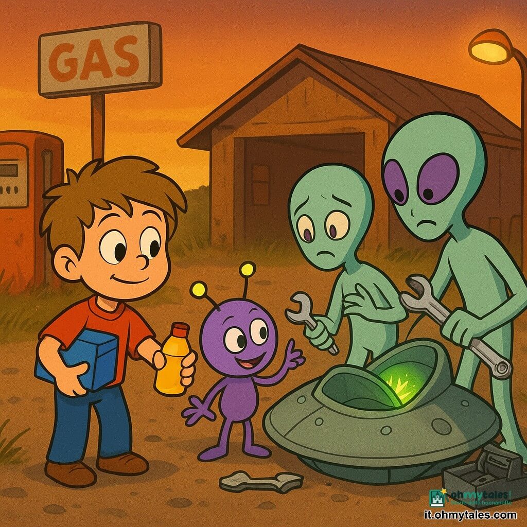 Un ragazzo di 6 anni, Leo, volto rotondo, capelli castano chiaro arruffati, occhi grandi e sorrisi timido, stringe una piccola scatola blu al petto e porge una bottiglia d'olio; accanto a lui un piccolo extraterrestre colorato chiamato Limi-lum, corpo rotondo violaceo con sei mani sottili e antenne luminose, mostra uno strumento argentato; due alieni più grandi, silhouette verde argentate con occhi violetti, riparano la nacella del vascello posando un tubo e una chiave inglese vicino a una botola aperta; la scena è davanti a una vecchia stazione di servizio abbandonata al crepuscolo — pompa arrugginita, insegna sbiadita, ghiaia, cassetta degli attrezzi aperta, lampione arancione acceso e erbe alte — atmosfera calda di tramonto dorato con bagliori verde fosforescente provenienti dall'astronave.