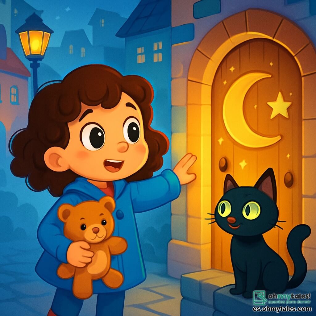 Una niña de 6 años, Lucía, con grandes ojos curiosos y cabello castaño rizado, lleva un abrigo azul brillante y un osito de peluche en sus brazos. Muestra una expresión maravillada y valiente, mirando con fascinación a un gato negro de ojos verdes brillantes que está a su lado. El gato, travieso y misterioso, está sentado en un muro de piedra, listo para llevarla a la aventura. La escena transcurre en un viejo barrio de la ciudad, donde las casas de fachadas coloridas están envueltas en una suave niebla azul. Las farolas brillan como estrellas, proyectando una luz cálida sobre los adoquines húmedos. Lucía y el gato negro están frente a una pequeña puerta de madera adornada con motivos de lunas y estrellas, que parece brillar con una luz dorada. La situación principal muestra a Lucía, llena de entusiasmo, lista para abrir la puerta mágica que los llevará a un mundo fantástico, mientras el gato la anima con una mirada cómplice.