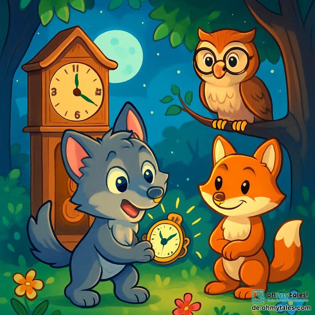 Ein kleiner Wolf namens Lupi, mit grauem Fell und neugierigen, glänzenden Augen, steht vor einer alten Holz-Uhr, aufgeregt und ein wenig nervös. Er schaut auf die leuchtende Uhr in seinen Pfoten, mit aufgerichteten Ohren und wedelndem Schwanz. Neben ihm sitzt eine weise Eule namens Professor Huhu, mit braunen Federn und runden Brillen, die Lupi ermutigend ansieht, während sie auf einem Ast sitzt. Sie wirkt zuversichtlich und bereit, den jungen Wolf auf seinem Abenteuer zu führen. Ein freundlicher Fuchs namens Felix, mit leuchtend orangefarbenem Fell und einem warmen Lächeln, steht etwas im Hintergrund, mit verschränkten Pfoten, und zeigt Unterstützung und Begeisterung. Er ist bereit, Lupi auf dieser Zeitreise zu begleiten. Die Szene spielt in einer verzauberten Lichtung, beleuchtet vom silbernen Mondlicht, umgeben von majestätischen Bäumen mit funkelnden Blättern. Bunte Blumen wachsen um sie herum, und eine sanfte Brise lässt die Blätter tanzen. Lupi, mit einer Mischung aus Aufregung und Angst, ist bereit, die magische Uhr zu aktivieren, während seine Freunde ihn ermutigen, den großen Sprung ins Unbekannte zu wagen.