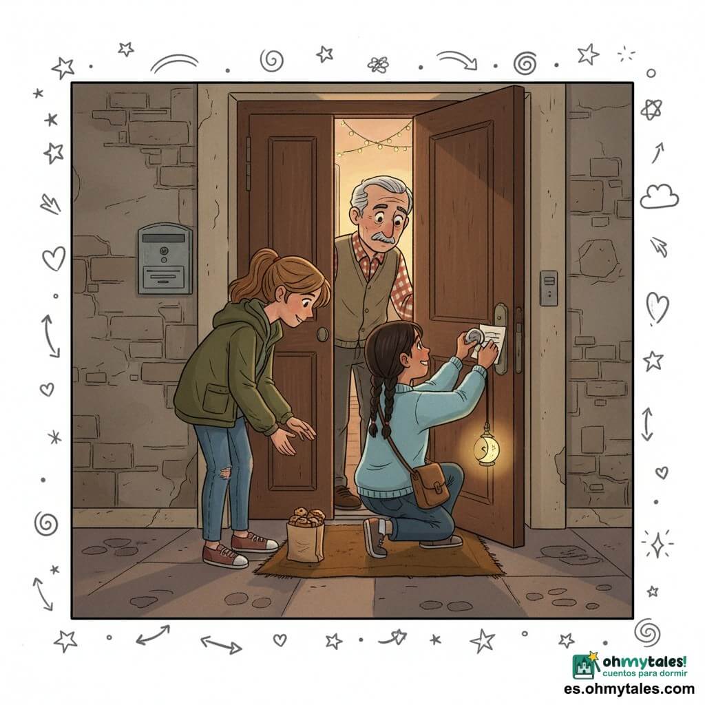 Hay tres personajes: Nora, ~11 años, coleta castaño claro, chaqueta caqui y vaqueros gastados, sostiene una bolsita de papel marrón con galletas frente a una puerta de madera; Lina, ~11 años, trenzas negras, jersey azul claro y bandolera con una pequeña linterna en forma de luna, agachada junto a Nora mientras pega una nota en la puerta con cinta y sonríe; y Ernesto, hombre de ~70 años, pelo cano y bigote fino, camisa a cuadros y chaleco, visible por el cristal o la puerta entreabierta al fondo, con la mano en el picaporte y expresión de sorpresa y gratitud. Escena en el rellano de un edificio al caer la tarde, luz cálida del crepúsculo, paredes de piedra, buzón metálico, felpudo gastado, guirnaldas luminosas y suelo de baldosa con huellas. Situación: las niñas dejan discretamente comida y una nota para el vecino mayor; la linterna emite luz amarilla tenue, sombras largas, ambiente íntimo y solidario durante el Ramadán.