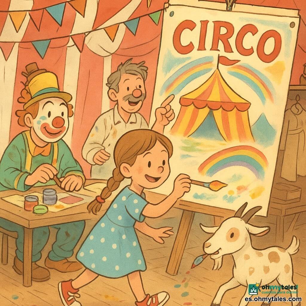 Niña de 10 años, alegre y concentrada, cabello castaño claro en trenzas, vestido de lunares azul claro y zapatillas rojas, pinta sonriendo con un pincel empapado en pintura arcoíris una gran cartel de circo; detrás, Don Teo, hombre de unos 50 años con canas desordenadas, pequeño sombrero con pluma y bata manchada de pintura, aplaude y señala una idea; a la izquierda, un payaso adulto con maquillaje colorido y nariz roja mezcla botes de pintura con una mancha en la mejilla; una cabra blanca moteada corre hacia primer plano con un pincel en la boca dejando huellas multicolor sobre el suelo de madera; escenario: bambalinas de una gran carpa a rayas rojas y blancas con mesas llenas de papeles y botes de pintura, guirnaldas, cajas de vestuario y un gran cartel medio pintado colgado de una cuerda; situación: taller alegre y alocado antes del espectáculo donde niños y artistas pintan juntos mientras la cabra traviesa añade movimiento y risas; estilo visual: líneas suaves, colores vivos pastel, texturas de pintura visibles y luz cálida de la tarde filtrándose bajo la lona, composición centrada en la niña y la cabra.