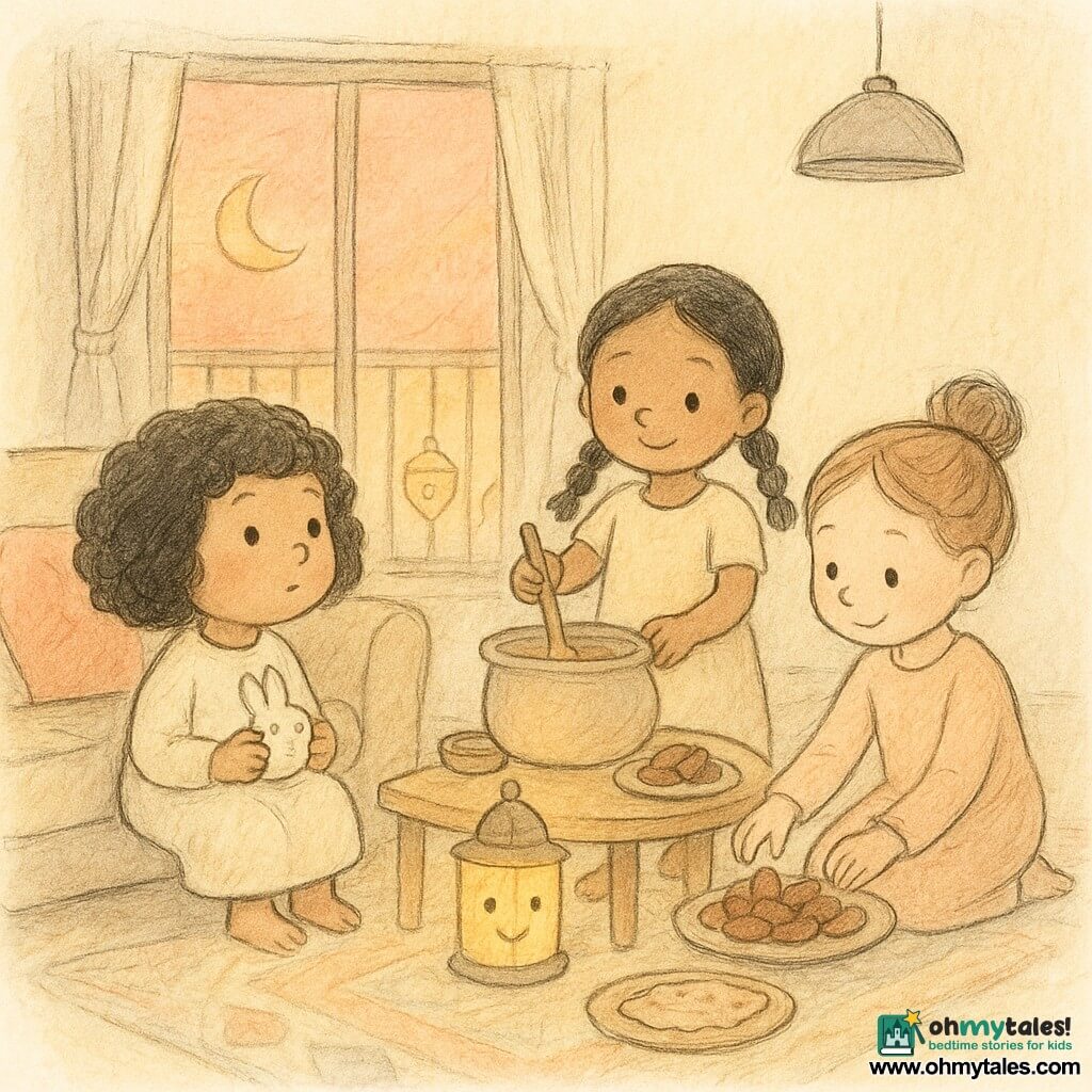 Three little girls, about three years old: on the left a curly-haired Black girl with a bob and chubby cheeks holding a small rabbit cup and looking curiously at the window; in the center a brown-skinned girl with two braided pigtails standing by the coffee table stirring a pot with a large spoon; on the right a fair-skinned girl with light brown hair in a bun arranging dates like small boats on a plate near a tray on the floor. They are in a warm living room at late afternoon with cream walls, a soft geometric rug, colorful cushions, a light wood coffee table and a small balcony window hung with golden lanterns like little moons; a pendant lamp is off. The three friends are waiting for sunset to break their fast, preparing and sharing dates and bread while a lantern on the table blinks gently like a happy little face, in a tender, calm pastel scene lit by orange-pink twilight.
