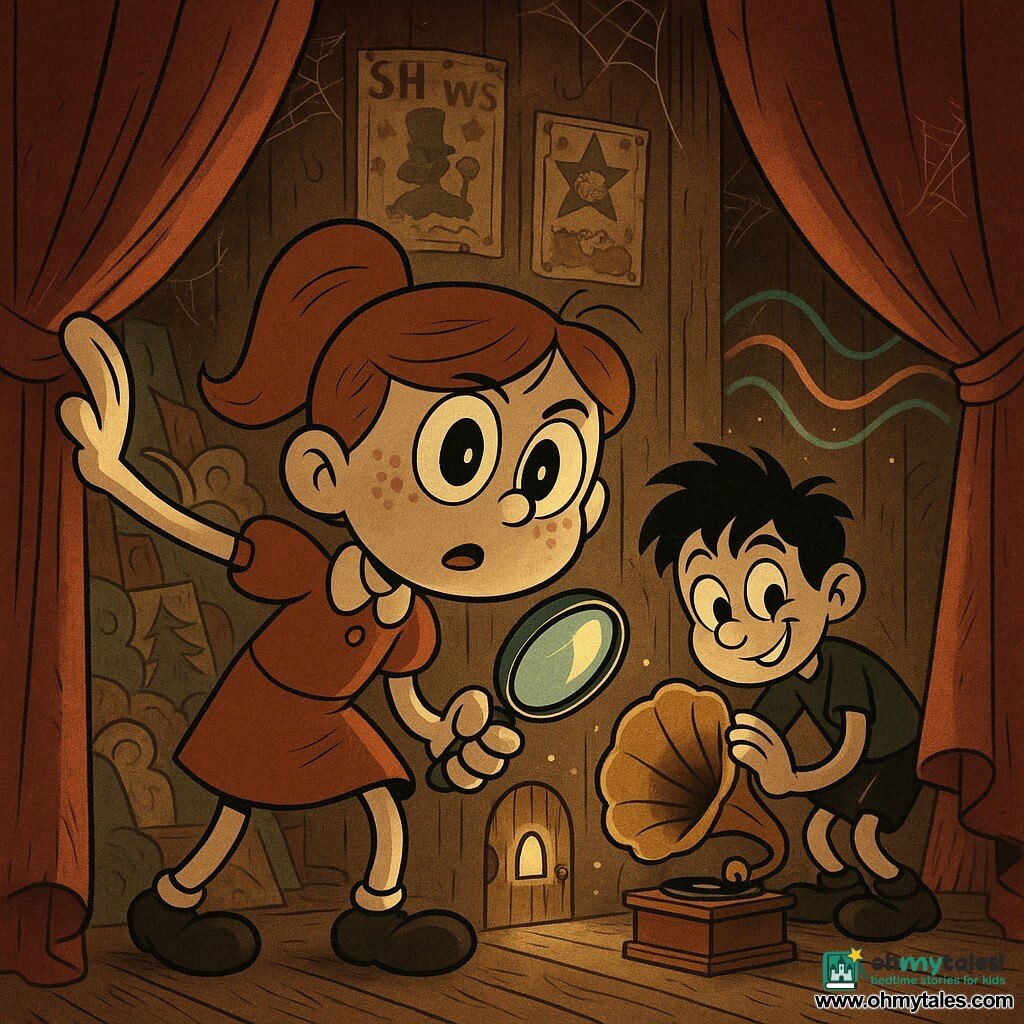 A 10-year-old girl with a round face, freckles, chestnut hair in a ponytail, large curious eyes and a determined, awed expression holds a shiny magnifying glass in her right hand and gently pushes aside an old curtain with her left; a mischievous 10-year-old boy with tousled black hair is crouched behind her at her right, wiping the horn of an old gramophone that is playing; the wooden backstage of an old theater—creaky floorboards, worn red velvet curtains, stacked painted backdrops, faded posters, fine cobwebs and dust lit in beams—reveals a small hidden door, with stylized colorful sound waves echoing from the gramophone across the walls, creating a mysterious yet warm atmosphere in a warm palette of brick red, gold and brown with blue-green shadow accents.
