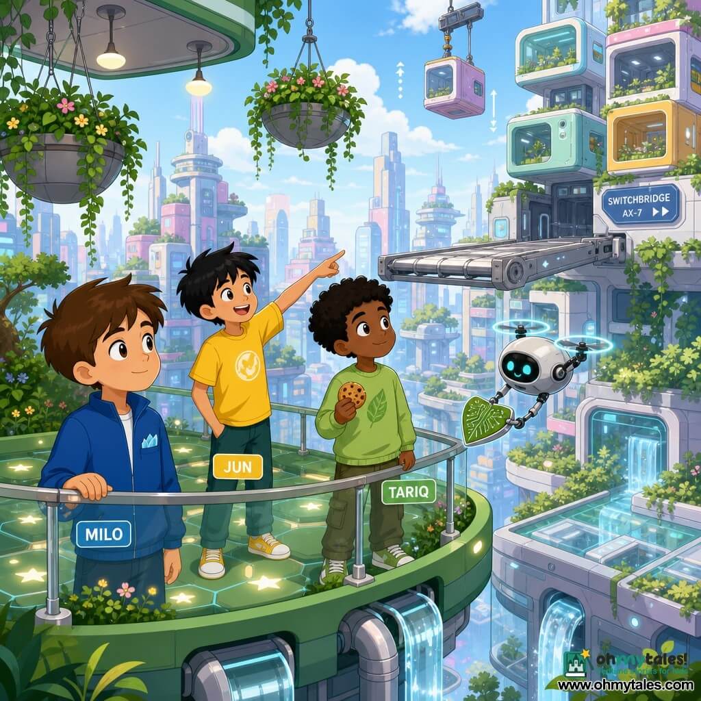 Three boys, about 9 years old: Milo (short straight brown hair, clean blue jacket, folded square cloth in pocket) stands left foreground, touching a glass railing; Jun (messy black hair, bright yellow t‑shirt) stands center slightly back, smiling and pointing toward the bridge; Tariq (dark curly hair, light green sweatshirt) stands right near Jun holding a round cookie and watching a small maintenance drone hovering nearby. Location: suspended gardens of a futuristic city — a floating green platform with hanging shrub baskets, starry illuminated paving, small waterfalls in visible silver conduits beneath glass panels, a silver metal footbridge (Switchbridge) and transparent rails at the rear, soft pastel skyscrapers and stacked mobile modules in the background. Scene: the boys on the platform near the bridge retrieving a small leaf‑shaped chip held by the maintenance drone; soft midday light, calm orderly atmosphere, subtle background motion (sliding bridge, rearranging modules), bright flat‑design style with pastel contrasts, crisp shapes and simple silhouettes.