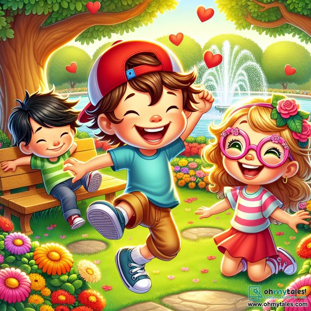 A 6-year-old boy named Max, with messy brown hair and a big smile, is joyfully jumping in a sunny park, wearing a red cap and a blue t-shirt. Next to him, his best friend Lily, a 6-year-old girl with long blonde hair and pink glasses, is laughing while holding a treasure hunt clue. Another boy, Sam, also 6, with black hair and a green t-shirt, is sitting on a bench pretending to sleep but smiling at his friends. The park is filled with colorful flowers, a large oak tree in the center, and a splashing fountain in the background. Paper hearts float in the air, adding a festive touch. The scene shows Max, Lily, and Sam in the middle of a treasure hunt, surrounded by laughter and joy as they discover hidden clues under the flowers and near the fountain, ready for an unforgettable Valentine's adventure.