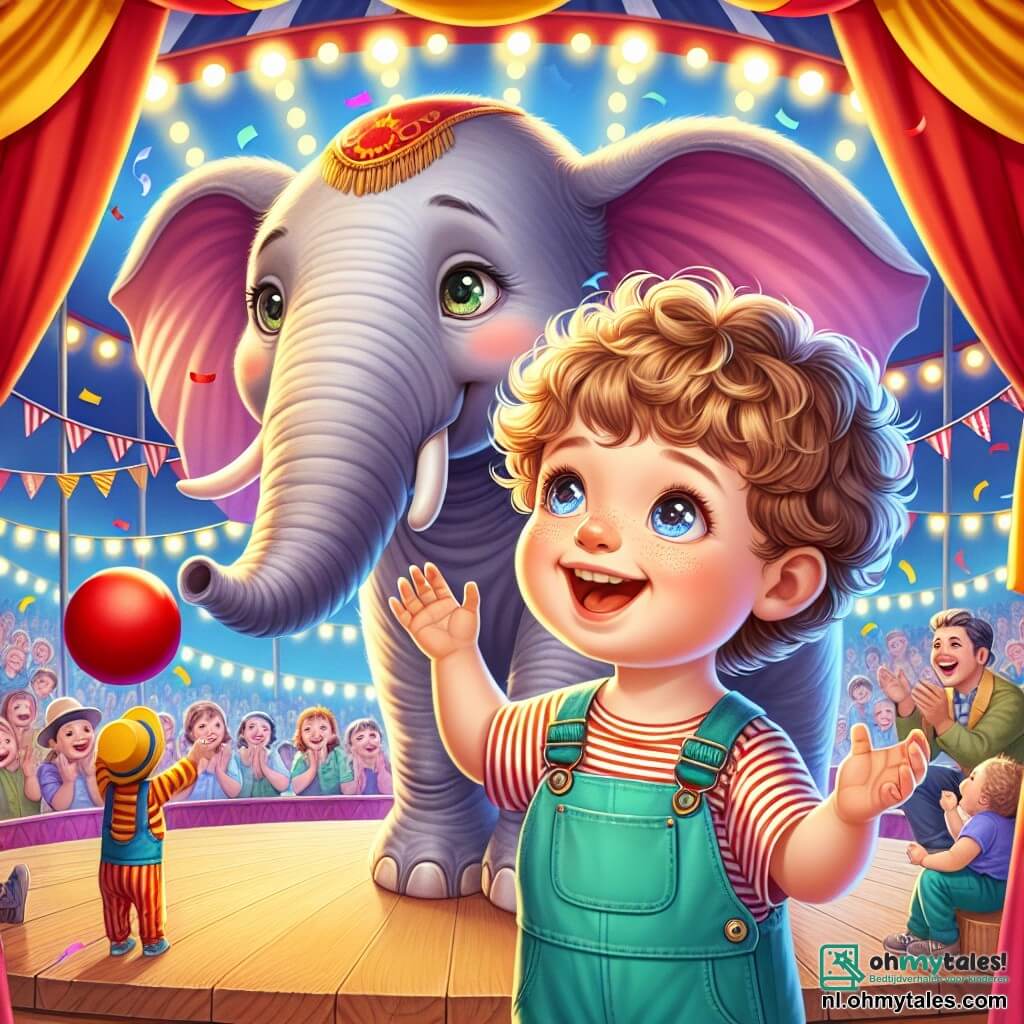 Een jongetje van 1 jaar met krullend haar en sprankelende ogen staat in het midden van het podium, glimlachend van verwondering terwijl hij naar een grote olifant genaamd Bella kijkt. Hij draagt een kleurrijke overall en een gestreept t-shirt, met zijn armen in de lucht van blijdschap. Bella, de olifant, is een majestueus grijs dier met grote oren en een expressieve slurf. Ze staat naast Tim te jongleren met een grote rode bal, haar ogen stralend van geluk. De locatie is een levendig circus, vol felle kleuren: gestreepte tenten in rood en geel, fonkelende lichten en verwonderde toeschouwers die op houten banken zitten. Confetti zweeft in de lucht, wat een feestelijke sfeer toevoegt. De belangrijkste situatie toont Tim en Bella, omringd door gelach en applaus, terwijl ze de terugkeer van de rode bal vieren, met Tim die vrolijk applaudisseert en Bella die om hem heen danst, wat een magisch en vrolijk moment in het hart van het circus creëert.