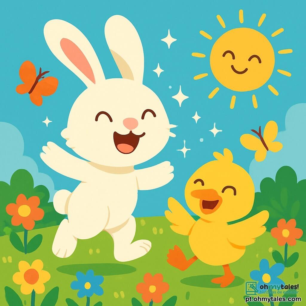 Um coelhinho chamado Bico, com grandes orelhas brancas e pelagem macia, salta alegremente em um jardim florido, seu rosto radiante de felicidade e excitação. Ao seu lado, um patinho amarelo vivo, chamado Quá-Quá, com um sorriso travesso, dança batendo as asas, seus olhos brilhando de alegria. O jardim está cheio de flores coloridas, borboletas voam ao redor, e um sol dourado brilha em um céu azul claro. Bico e Quá-Quá se preparam para uma aventura para "salvar o reino", cercados por uma atmosfera de magia e risadas, com raios de luz cintilando ao seu redor.